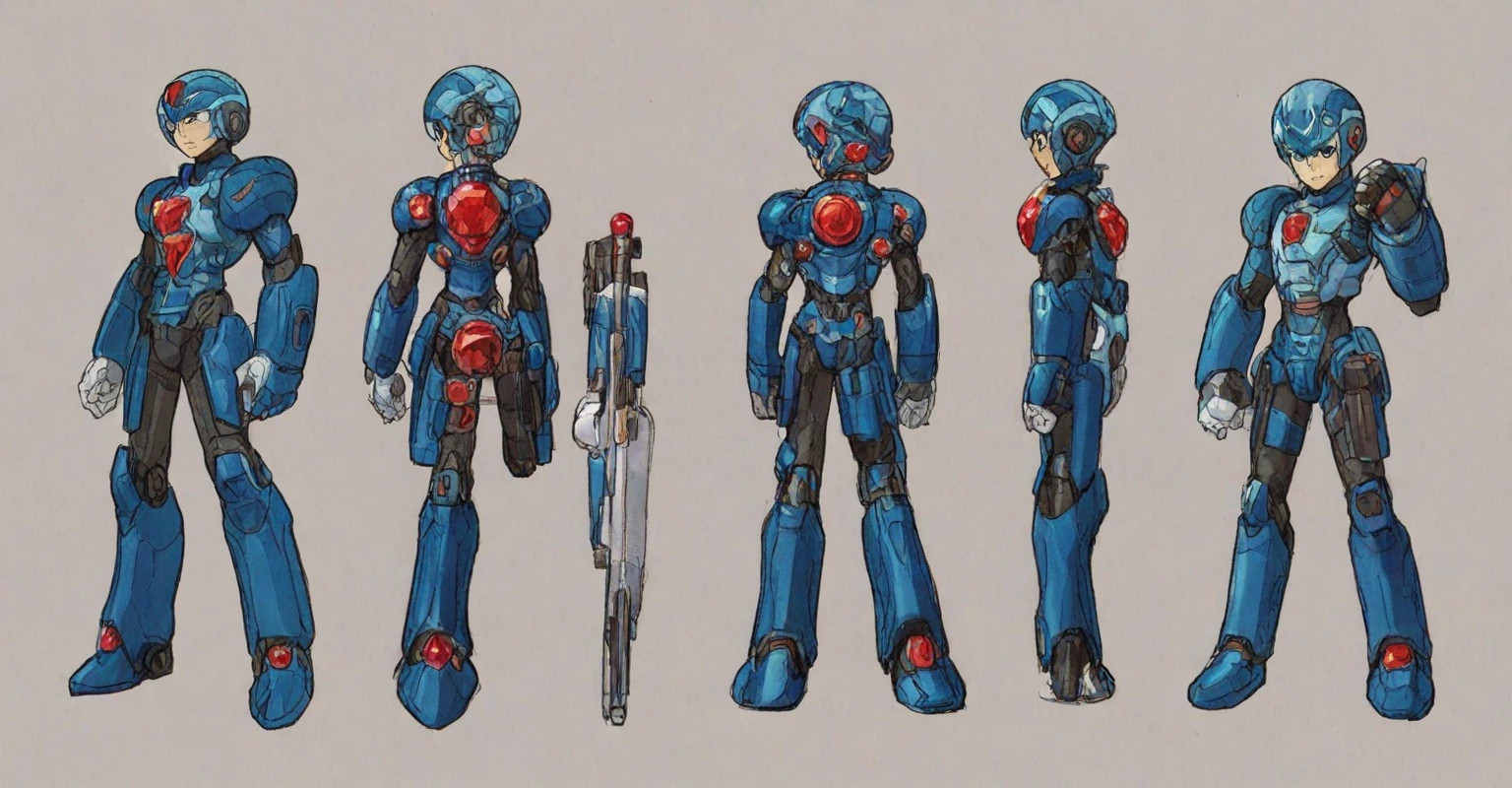 Hiroyuki Kitazume artstyle, Hiroyuki Kitazume style, 1boy, solo, hardboiled, reploid, The image showcases several iterations of the character Megaman X in his design from "Mega Man X8". This character, a Reploid, features a sleek, futuristic design with a predominantly blue color scheme and light blue highlights. The first design shows a rounded, simplistic form, emphasizing a youthful and approachable appearance. The second design introduces angular features, giving him a tougher and more mature look. The third design further enhances these aspects with added armor details and more defined muscle structure, highlighting his combat-ready nature. The side profiles show his helmet with a red gem centerpiece and intricate arm and leg armor details. The overall art style is dynamic, with clean lines and a mix of soft and hard shading to emphasize his mechanical yet heroic qualities.

AI art prompts:
- "Futuristic Reploid, Megaman X design, blue and light blue color scheme, sleek and dynamic design, detailed armor, combat-ready, heroic stance, clean lines, mix of soft and hard shading."
- "Megaman X Reploid character design, angular features, youthful and approachable appearance, futuristic armor, red gem centerpiece, intricate details, heroic and combat-ready."
- "Reploid hero, sleek and futuristic, blue armor, light blue highlights, dynamic design, side profiles, detailed helmet, clean lines, soft and hard shading., in kinu-sensei artstyle