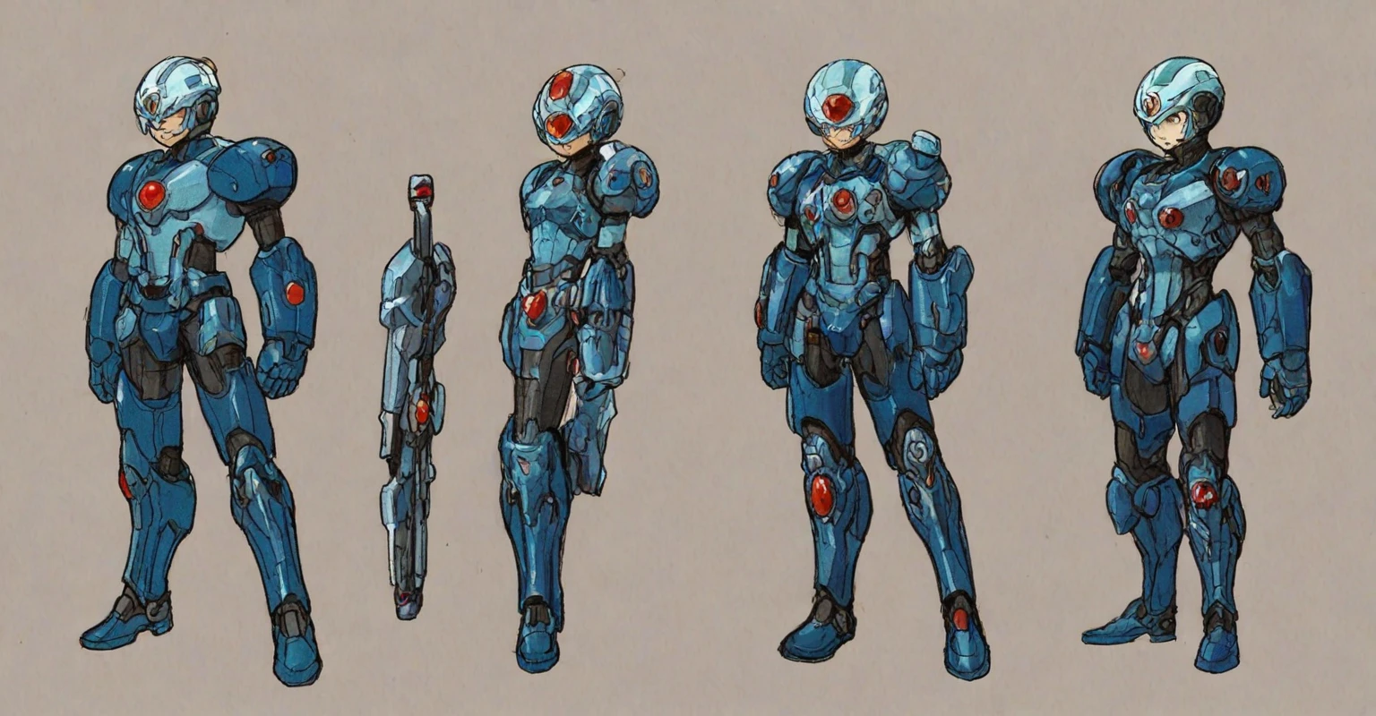 Hiroyuki Kitazume artstyle, Hiroyuki Kitazume style, 1boy, solo, hardboiled, reploid, The image showcases several iterations of the character Megaman X in his design from "Mega Man X8". This character, a Reploid, features a sleek, futuristic design with a predominantly blue color scheme and light blue highlights. The first design shows a rounded, simplistic form, emphasizing a youthful and approachable appearance. The second design introduces angular features, giving him a tougher and more mature look. The third design further enhances these aspects with added armor details and more defined muscle structure, highlighting his combat-ready nature. The side profiles show his helmet with a red gem centerpiece and intricate arm and leg armor details. The overall art style is dynamic, with clean lines and a mix of soft and hard shading to emphasize his mechanical yet heroic qualities.

AI art prompts:
- "Futuristic Reploid, Megaman X design, blue and light blue color scheme, sleek and dynamic design, detailed armor, combat-ready, heroic stance, clean lines, mix of soft and hard shading."
- "Megaman X Reploid character design, angular features, youthful and approachable appearance, futuristic armor, red gem centerpiece, intricate details, heroic and combat-ready."
- "Reploid hero, sleek and futuristic, blue armor, light blue highlights, dynamic design, side profiles, detailed helmet, clean lines, soft and hard shading., in kinu-sensei artstyle