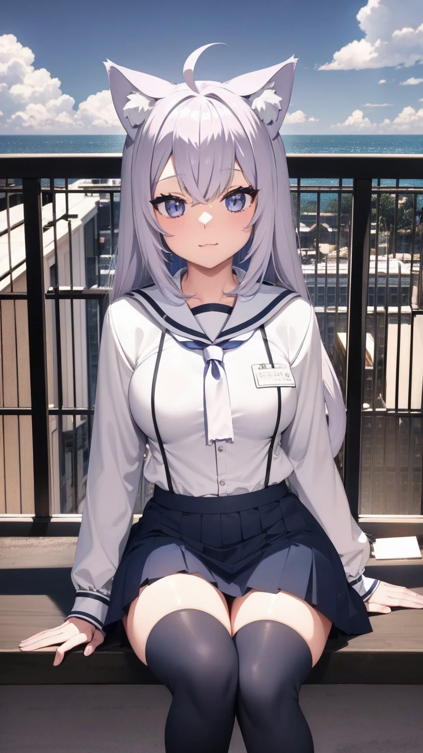 ((masterpiece, best quality)),a girl, solo, skirt, sky, sitting, thigh high socks, serafuku, cloud,outdoors ,day, bangs, fence, shirt, ahoge, rooftop, long hair, white thigh high socks,long hair, long straight hair, long white hair, white hair, white sailor collar,blue eyes, sailor collar, navy blue skirt, red neckerchief, white serafuku, animal ears, animal tail, no human ears, blue sky,white shirt, looking at viewer, closed mouth,cat ears, navy blue skirt, cloudy sky, pleated,no shoes,full body,landscape, aircraft carrier, katana sword, katana left hip, short girl, navy blue skirt, school shoes,