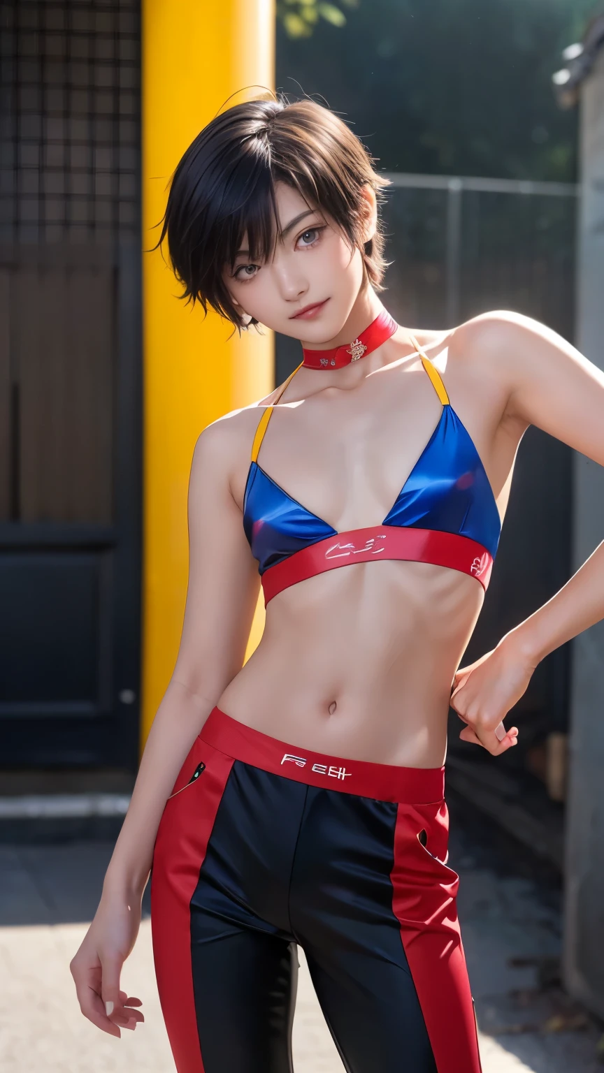 resolution,Sharp focus、(Super detailed,Very detailed)、(Photorealistic artwork:1.37)、(Very detailed CG unity 8k wallpaper)、(((Vibrant colors,Vibrant Themes)))、(Complex)、(masterpiece)、(Highest quality)、Artistic photography、(Photography by sldr)、(Complex background)、perfectly rendered face、Perfect facial details、Realistic Face、((Complex detail)),(((realism))),フォトrealism ]!!!、Smooth anime CG art、アニメrealism、3D Anime Real(masterpiece、Premium Quality:1.2)、Photo of a boy、Beautiful Boy、Black-haired boy、Boy with medium short hair、A boy with short hair covering his ears、Japan Boy、Cute boy、16-year-old boy、Slim boy、Slender boy、Neutral boy、Femboy、A boy with feminine, soft body lines、A boy with a slender body、shiny and smooth skin、((Flat Chest 1.5))、A boy who looks like Gamon Kawai、(Race Queen Costume: 1.2)、Bloomers、Watching the audience、Stick your butt out、deep navel、choker、smile