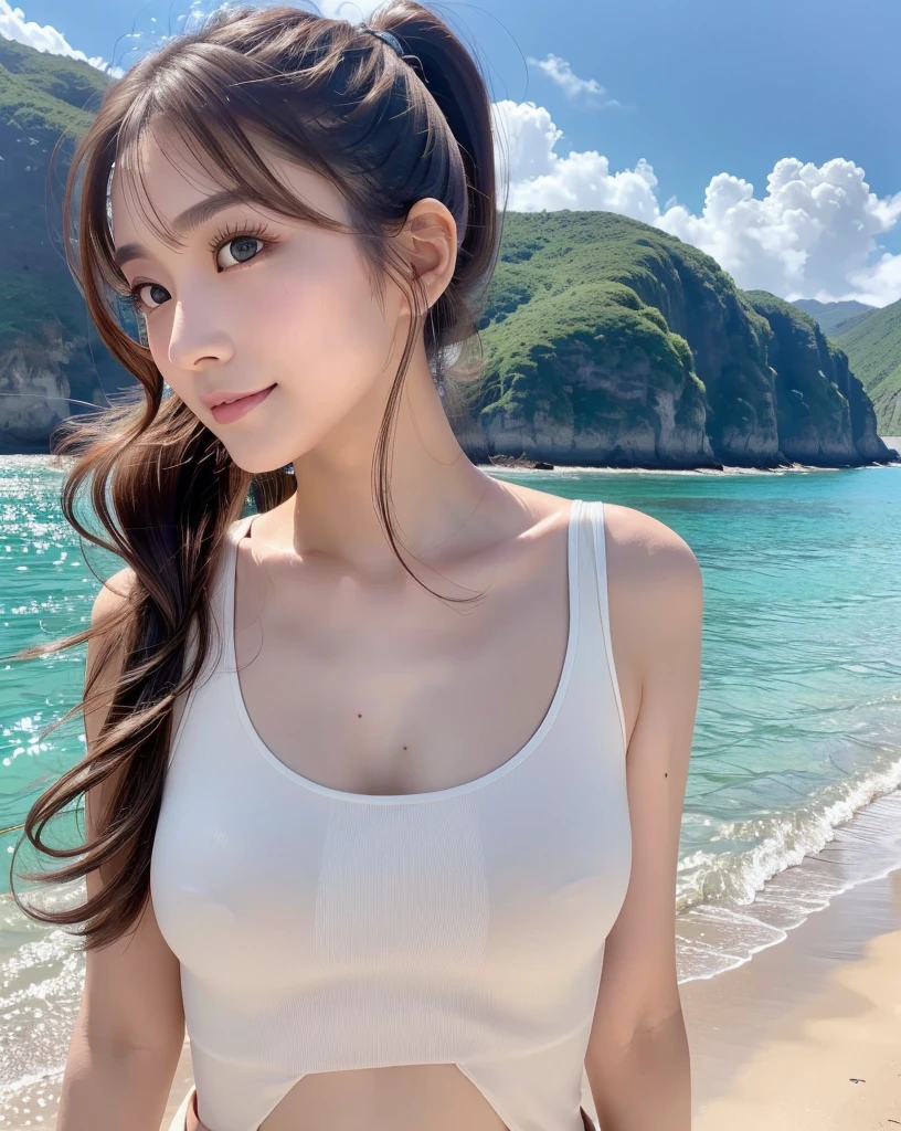 (Highest quality, 32k, High resolution, Masterpiece:1.5, ), marimo_jet, god々A photograph with brilliant dazzling and healing power., Evoking a sense of calm and elusive beauty, Expressing emotions, Have a rich imagination, The road to the horizon, Nostalgic scenery of youth, Beautiful Japanese Girls, An exceptionally beautiful face, Small Face Beauty, Perfect Human Anatomy, Magical big eyes, Motherhood and generosity, Deep Love, fleeting smile, ((Shiny brown hair:1.1)), ((A beautiful ponytail swaying in the wind)), Asymmetrical bangs, Hair between the eyes, Transparent, soft white skin, Sharp eyebrows, Thin lashes, Natural Makeup, Cheek highlighter, Pale pink detailed lips, (large white tank top:1.4), High resolutionの美しい太もも, Beautiful legs, ((Walking the coastal highway:1.2)), ((The road to the horizon路)), Beautifully detailed skies, ((Shining in the morning sunlight)), Professional photographer, Professional Lighting, Professional models, god秘的