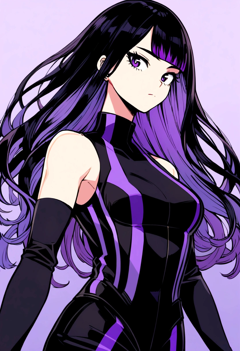 a pretty  girl with black hair with purple tips and loose hair bangs, with an all-black sleeveless and high-necked suit MY HERO ACADEMIA STYLE