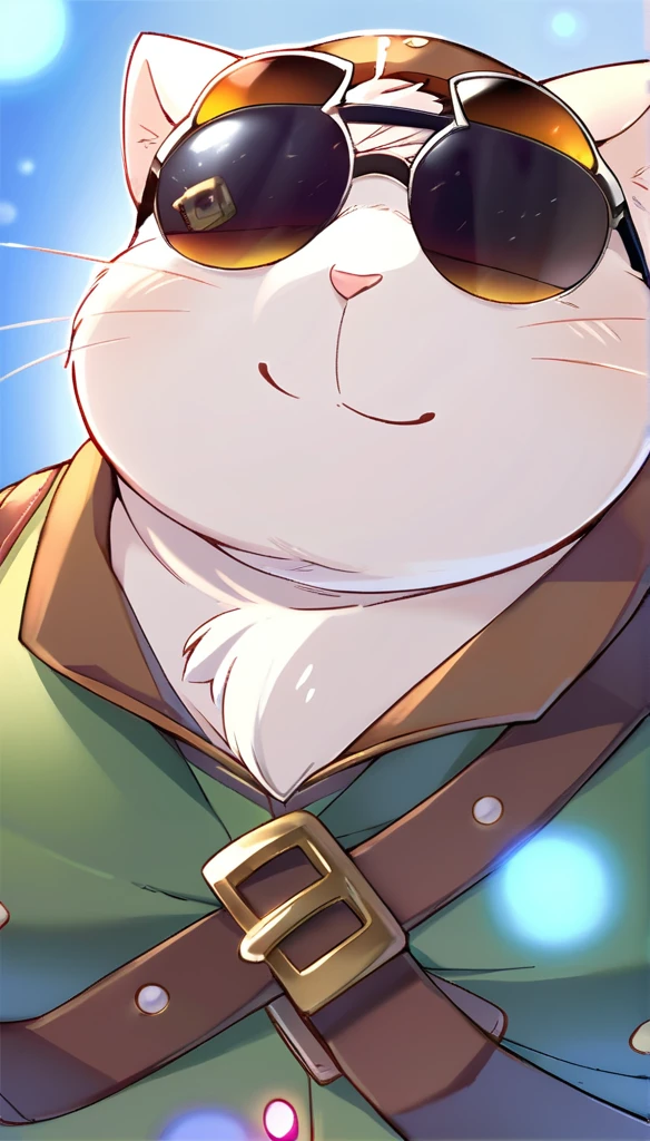 anthro, kemono, male, solo, ((round face, very plump face, thick beard)), ((endomorph body type, old-aged)), ((adventure costume:1.5)), ((domestic cat, cat) fluffy fur, fluffy), (simple background), (cool person), (particle lighting:0.4), bokeh, (high quality, highres, masterpiece), (dynamic lighting, vivid color), memorable wholesome scene, cartoon, , (((cute))), (((fat, fat))), belly, chest, kemono SLG, (((hair over eyes)))mature, white tail, cat ears, wearing shorts and a work shirt, extremely detailed cat anatomy,,(upperbody, face focus), ((IncrsXLDealWithIt)), (wearing sunglasses)