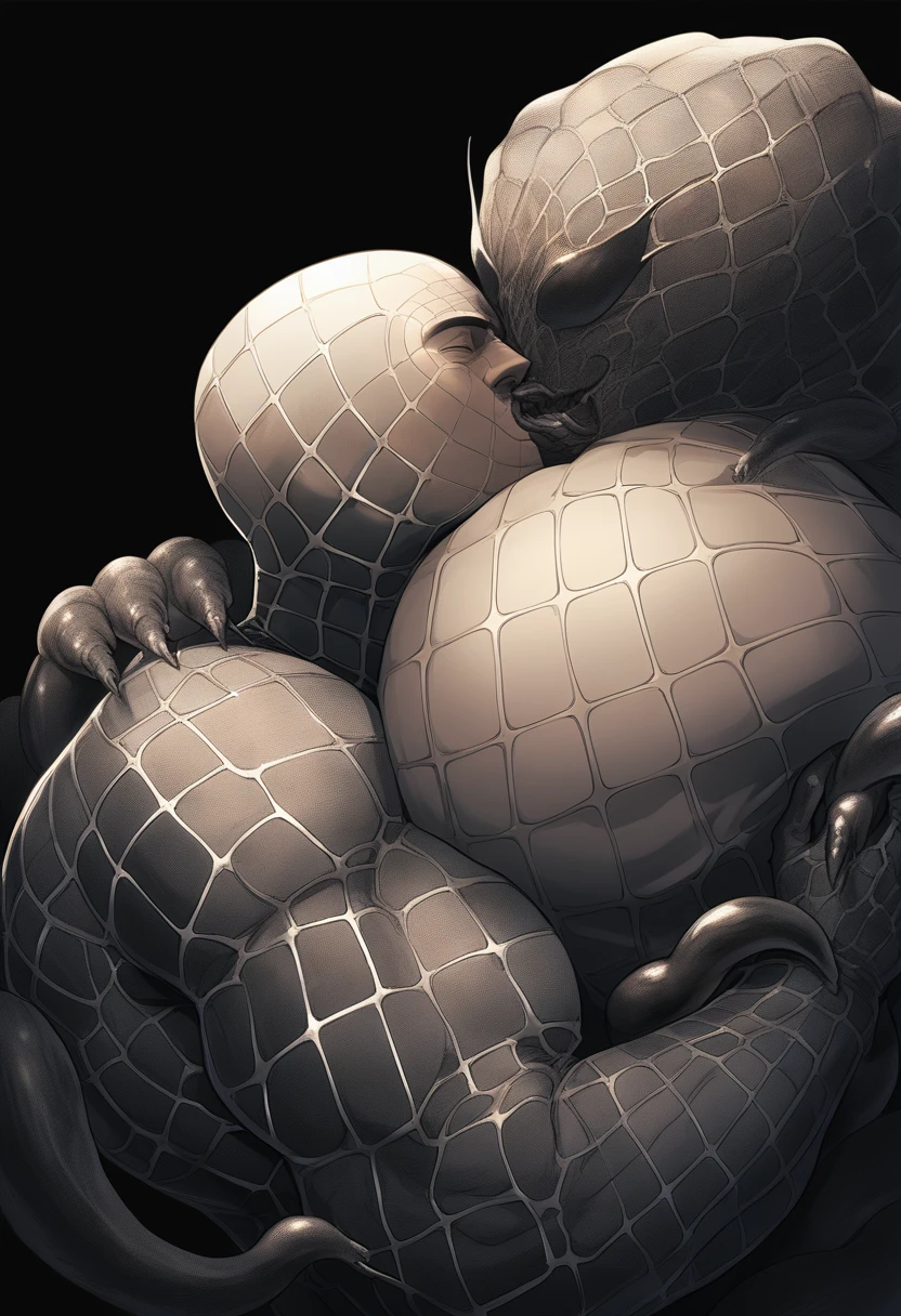 anime characters:priapus, He was kissed by black venom, He is wrapped in black tentacles, bundle, Wrapped in mucus, Affectionate embraces, Crazy kissing, Touching wantonly, Muscular Spider-Man, male focus, Upper body, Buzz Cut, aged leather texture, He wears a White tights, small grid texture, spiderman mask, Spider-Man logo, muscular male, Extra large breasts, only, alone, Black background, simple background, amazing quality, best aesthetics, Ridiculous, crew cut, drop shadow, best quality