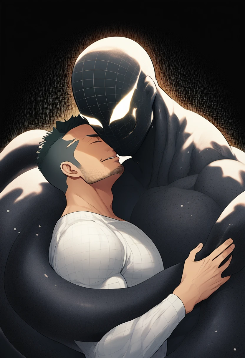 anime characters：priapus, He was kissed by black venom, He is wrapped in black tentacles, bundle, Wrapped in mucus, Affectionate embraces, Crazy kissing, Touching wantonly, Muscular Spider-Man, male focus, Upper body, Buzz Cut, aged leather texture, He wears a White tights, small grid texture, spiderman mask, Spider-Man logo, muscular male, Extra large breasts, only, alone, Black background, simple background, amazing quality, best aesthetics, Ridiculous, crew cut, drop shadow, best quality