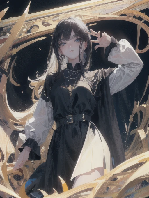 ((masterpiece, highest quality, Super detailed, High resolution)), alone, beautiful girl, shining eyes, perfect eyes, 15 years old, black white gold theme,