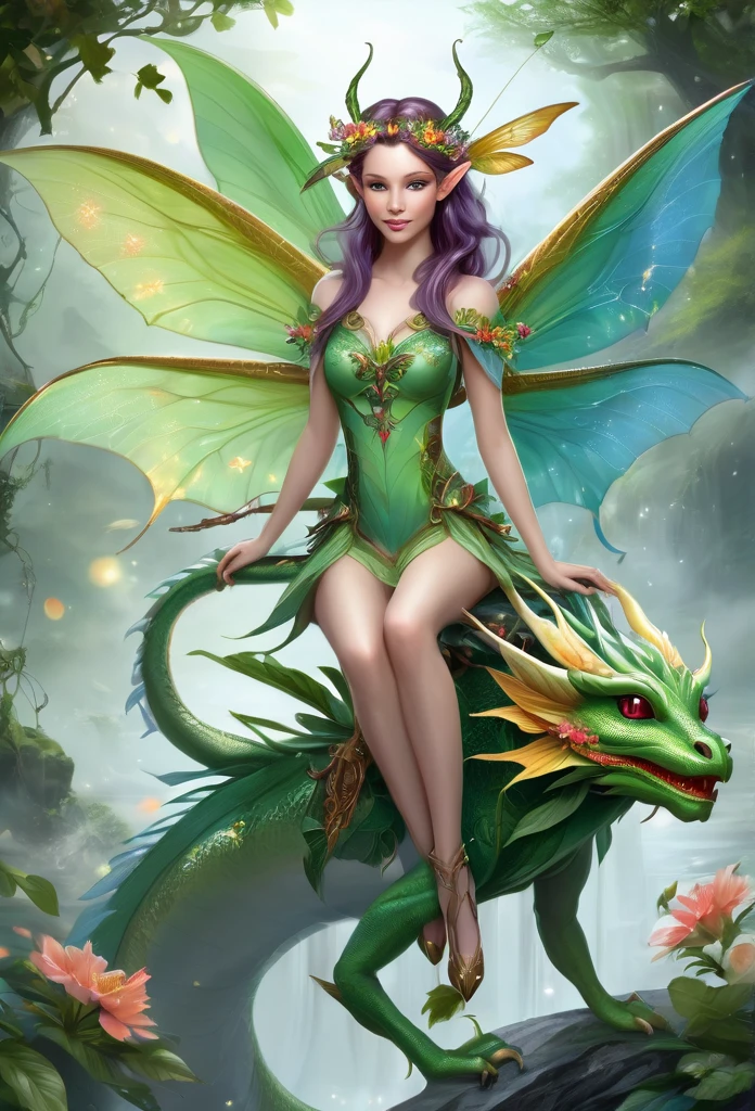 faerie,(full body),elf ears,dragonfly wings, ,hair decorated with flowers, Branches and Leaves, she's ridin on a beautiful dragon,around a scene of magic,,a bit of mist(high qualiy),(refined details),(work of art)