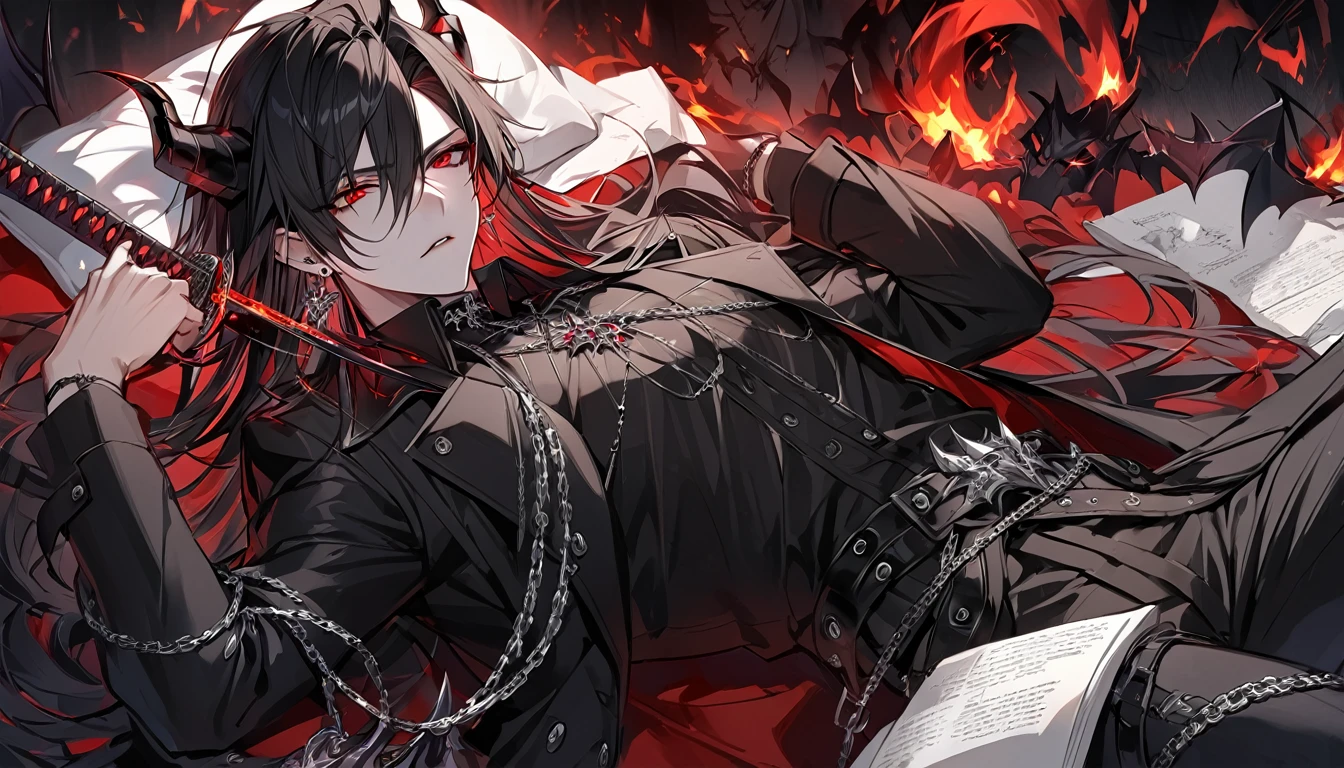 alone, good looking, 1 male, Long hair, Middle parted, Black hair, Red eyes, Black shirt, White Thailand, Black Trench Coat, Royal Silver Jewellery, Royal Demon Earrings, Black horns, Demon Crown, Demonic Katana, Chain, On Back, Demonic Black flames Aura, vtuber Character Design sheet