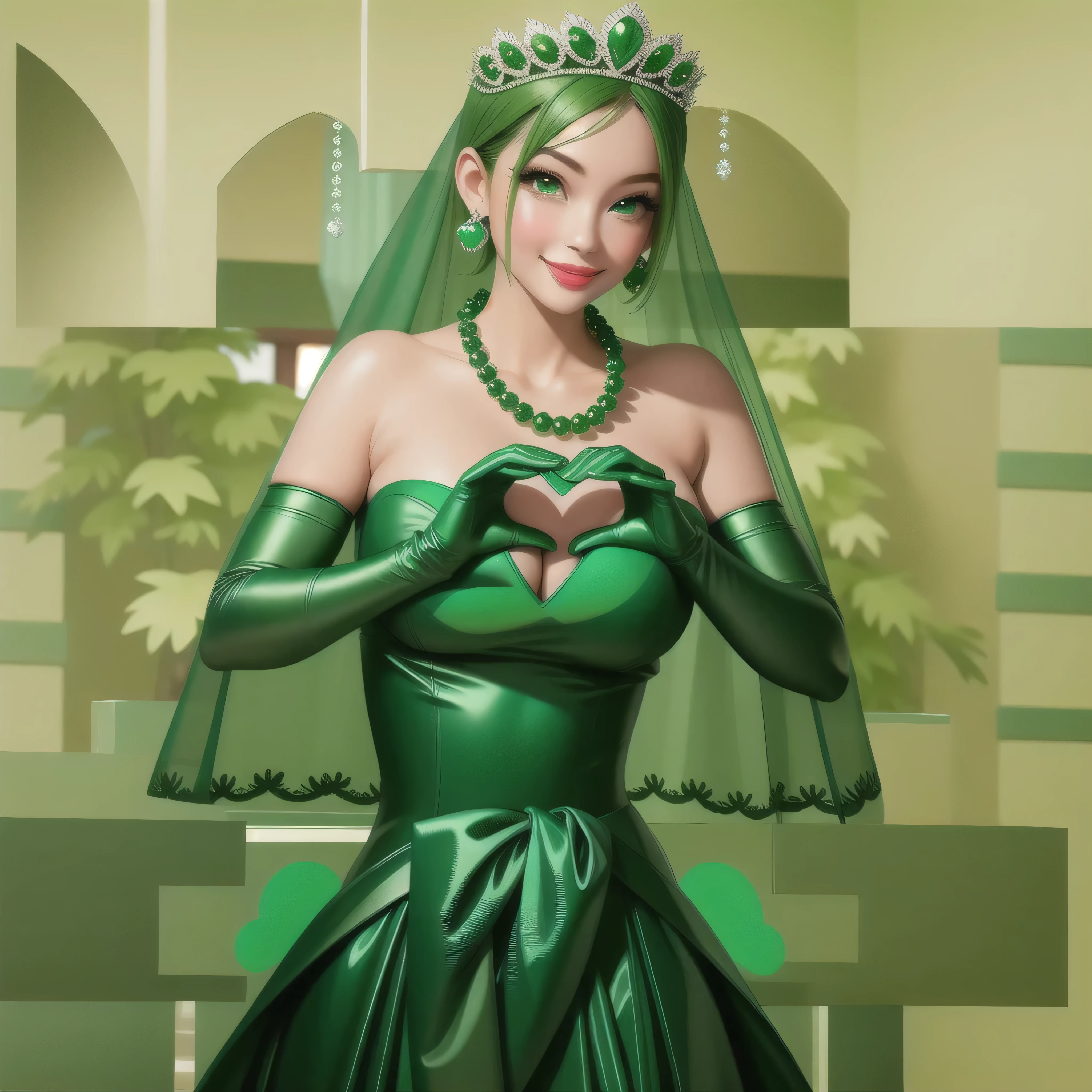 emerald tiara, Green Pearl Necklace, Boyish very short green hair, Green Lips, Smiling Japanese woman, Very short hair, Busty beautiful lady, Green Eyes, Green satin long gloves, Green Eyes, Emerald Earrings, Green veil, Heart with both hands, Green Hair, Beautiful Japanese Woman, Heart shaped hands:1.3, green lip gloss