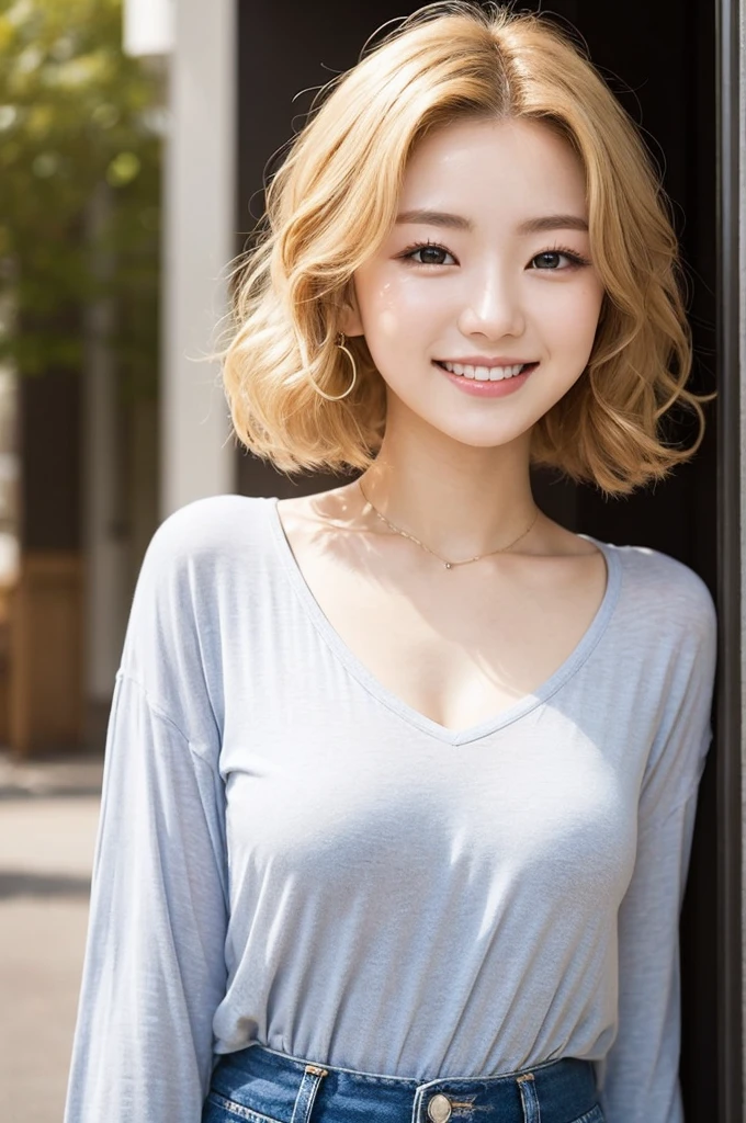 studio light, Depth of the bounds written, Upper body, thin, cute顔, smile, beautiful detail eyes, 19 years old Japanese, cute, Warm blonde voluminous curls, plaza, casual