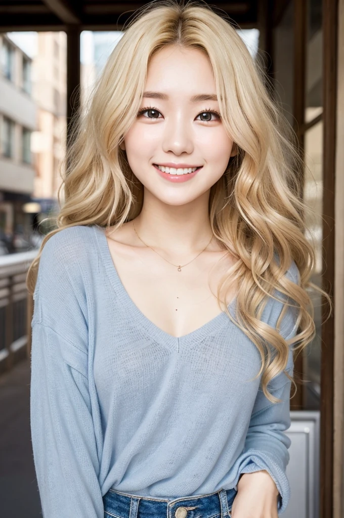 studio light, Depth of the bounds written, Upper body, thin, cute顔, smile, beautiful detail eyes, 19 years old Japanese, cute, Warm blonde voluminous curls, plaza, casual