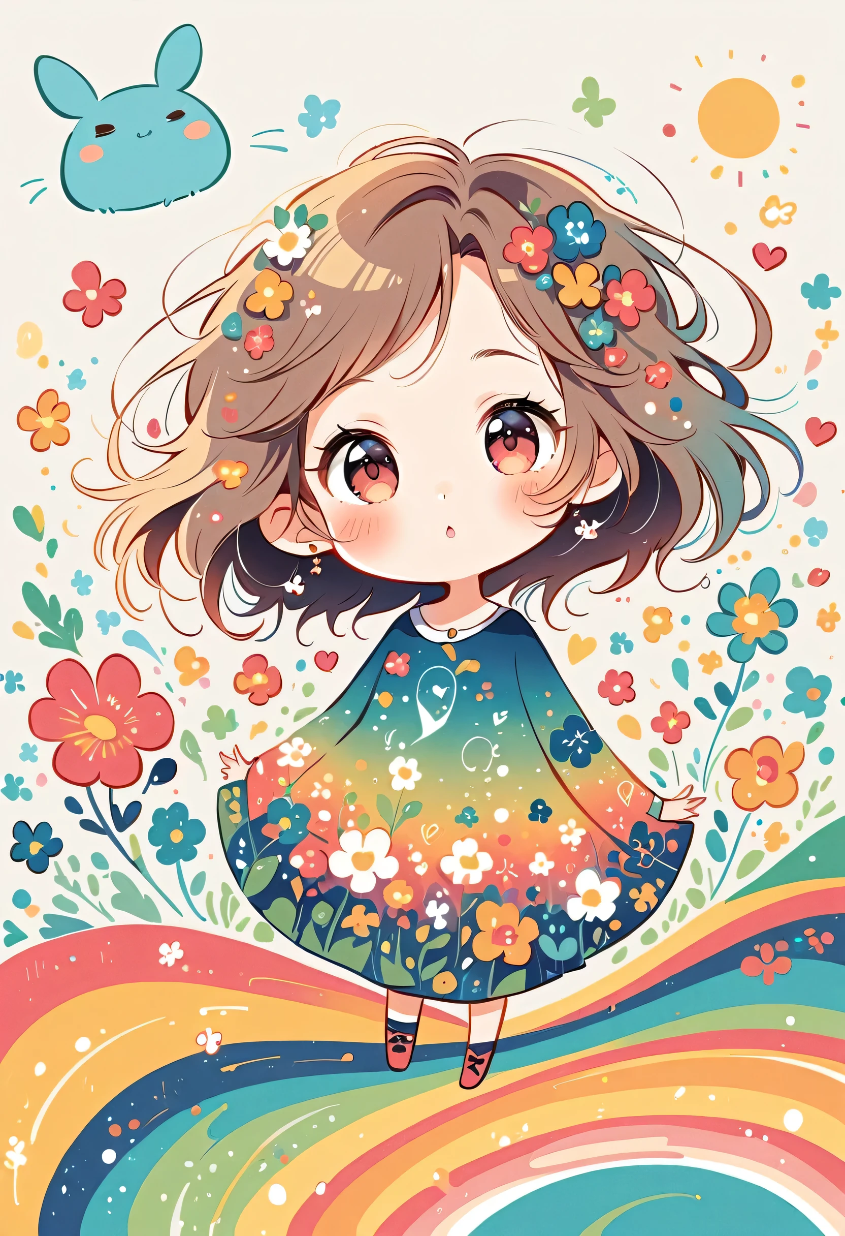 Watase Seizo style、The most beautiful girl of all time、Lips in Love、Colorful flowers、Simple line initials、Abstract art、(((chibi))), Colorful and cute alien, Totoro Forest