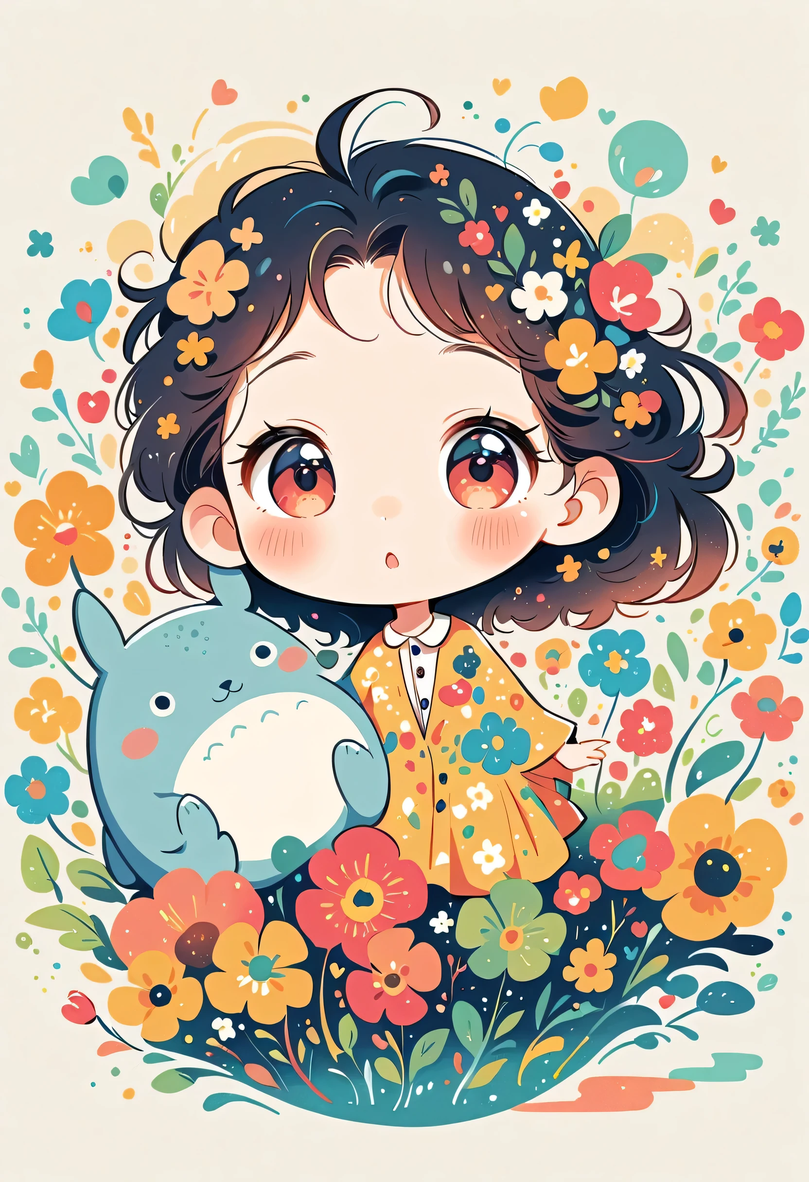 Watase Seizo style、The most beautiful girl of all time、Lips in Love、Colorful flowers、Simple line initials、Abstract art、(((chibi))), Colorful and cute alien, Totoro Forest