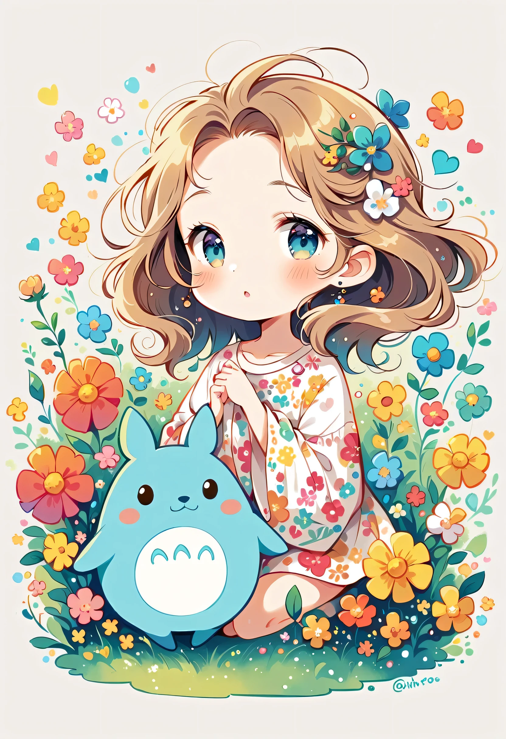 Watase Seizo style、The most beautiful girl of all time、Lips in Love、Colorful flowers、Simple line initials、Abstract art、(((chibi))), Colorful and cute alien, Totoro Forest
