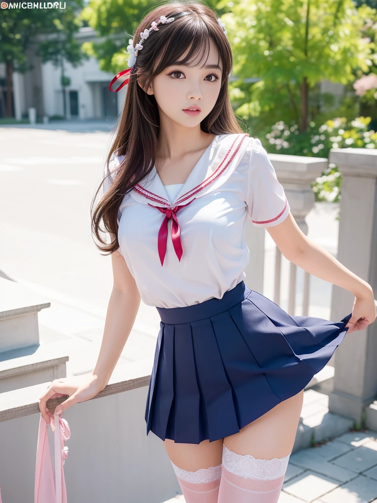 ultra-detailliert、​masterpiece、top-quality、超A high resolution、8K high image quality、Photogenic clarity、A detailed eye、gradients、Spring outdoor、During the school cultural festival、Lots of people、perfect anatomy body proportions ,hard disk、nffsw , Nikon Z9 80mm Lens , masutepiece、Model Standing、Minuscule panties、Small micro panties、Pubic hair can be seen through the lace of the panties、Sparkling eyes、Glossy lips with lip gloss、(((Panties are pale pink pale pink panties of lace material..)))、(((Dark blue 、White blouses、Cute white white short sleeve blouse with red ribbon、short loose socks、dark brown loafers、a sailor suit)))、(((See all panties)))、(((The skirt is definitely worn)))、(((Lift skirt hem)))、Sit in a triangle with your thighs slightly inward、panties focus、too bright natural light、Sunshine、Detailed lace panty pattern、(((Lifting skirt while standing to show off panties to camera)))、(((Beautiful alignment and snow-white teeth)))、(((Lift the skirt bigger and bigger,、Show your panties to the camera)))、The most popular and beautiful employees of the company、Ultra slim body Gcup bust、Body shape of slim model、Beautiful posture、