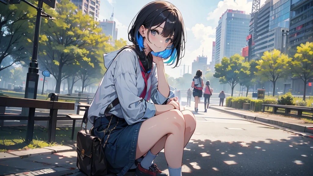 There is a girl in a park with a rainbow。Looking at me and smiling
