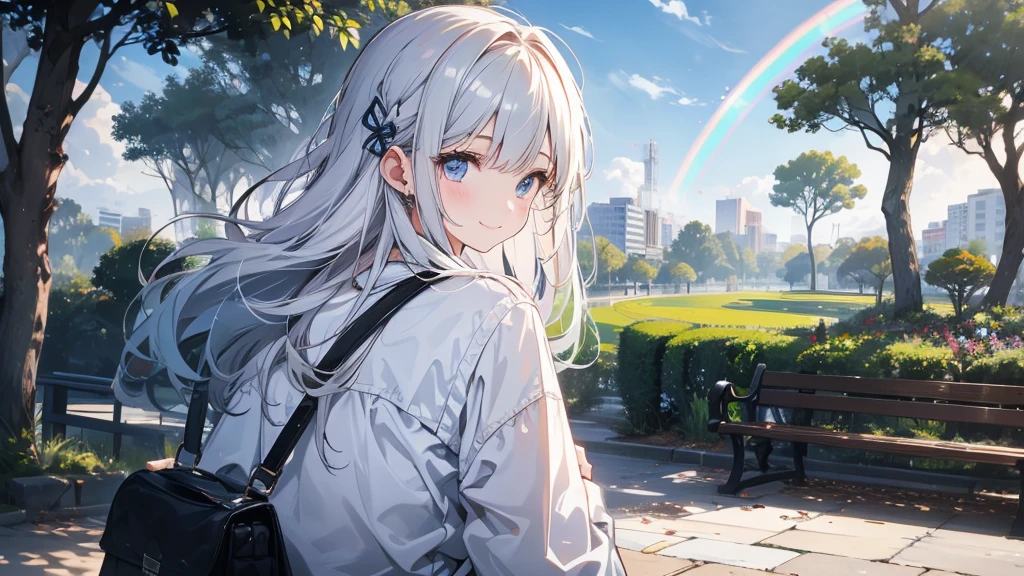 There is a girl in a park with a rainbow。Looking at me and smiling