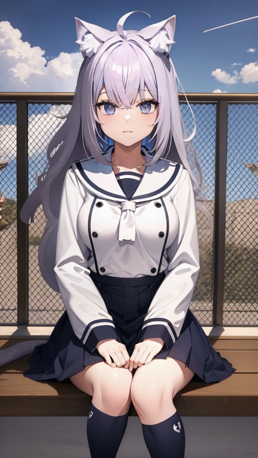 ((masterpiece, best quality)),a girl, solo, skirt, sky, sitting, thigh high socks, serafuku, cloud,outdoors ,day, bangs, fence, shirt, ahoge, long hair, white thigh high socks,long hair, long straight hair, long white hair, white hair, white sailor collar,blue eyes, sailor collar, navy blue skirt, red neckerchief, white serafuku, animal ears, animal tail, no human ears, blue sky,white shirt, looking at viewer, closed mouth,cat ears, navy blue skirt, cloudy sky, pleated,no shoes,full body,landscape, aircraft carrier, katana sword, katana left hip, short girl, navy blue skirt, school shoes,