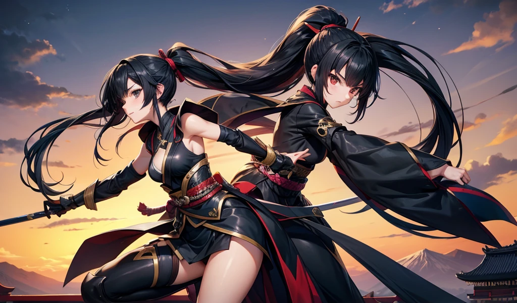 Beautiful girl with long black hair and ponytail and medium breasts，Ninja costumes，Bare arms，thigh，stand，Japanese castle roof