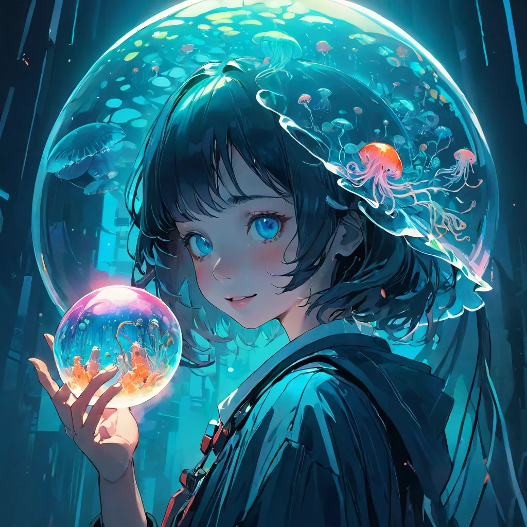 finely detailed illustration, vibrant color,High resolution、8k、pretty girl、One beautiful girl、fullbody to to the toe, happy smile、Perfect and detailed eye drawing、Highest quality、masterpiece、detailed eye and face, A person holding a glass ball with a jellyfish inside, Hologram by Beeple, Trending on CGSociety, magical realism, Cyberpunk Jellyfish, Cyberpunk Blue Lens Effect, Jellyfish Shrine Maiden, Digital Artレンダリング, Artem Demra Beeple, Spectacular concept art. Bokeh, Digital Art
