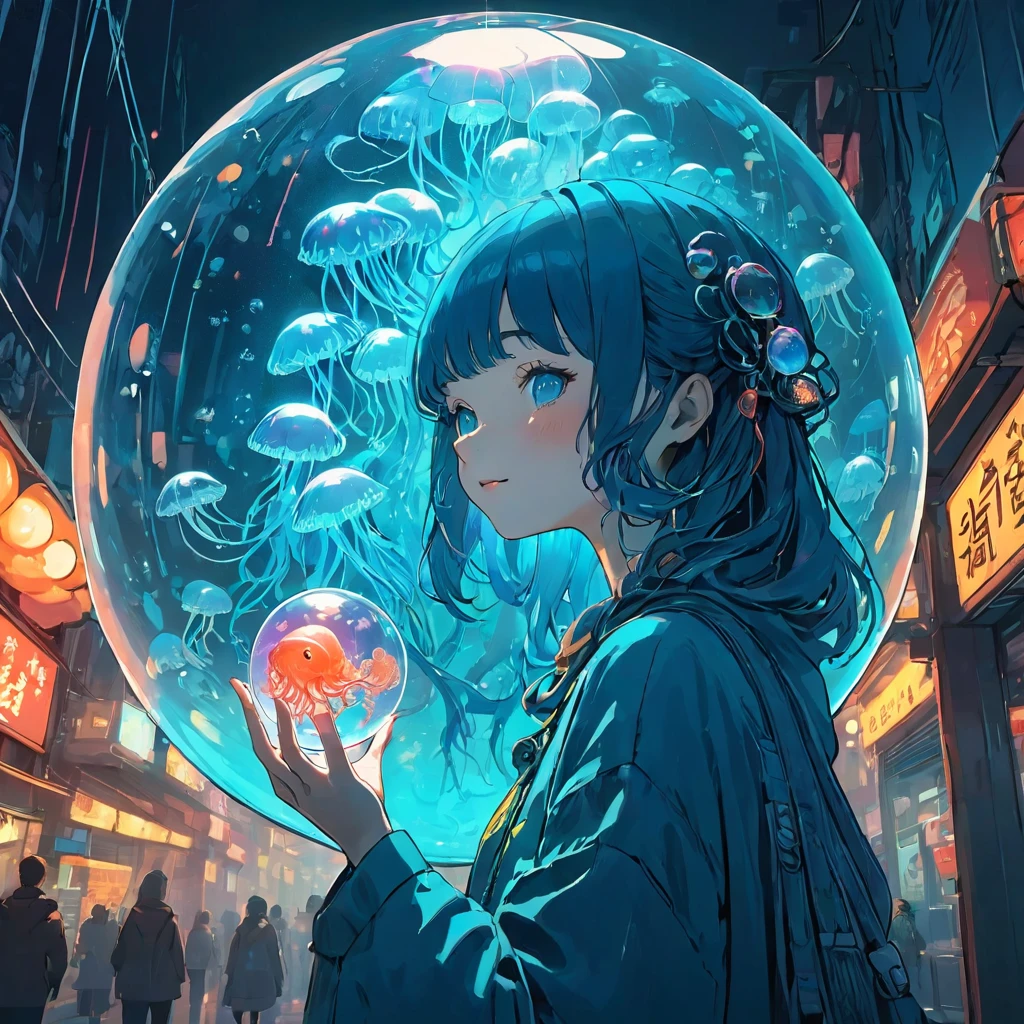 finely detailed illustration, vibrant color,High resolution、８ｋ、pretty girl、One beautiful girl、fullbody to to the toe, happy smile、Perfect and detailed eye drawing、Highest quality、masterpiece、detailed eye and face, A person holding a glass ball with a jellyfish inside, Hologram by Beeple, Trending on CGSociety, magical realism, Cyberpunk Jellyfish, Cyberpunk Blue Lens Effect, Jellyfish Shrine Maiden, Digital Artレンダリング, Artem Demra Beeple,  Spectacular concept art. Bokeh, Digital Art