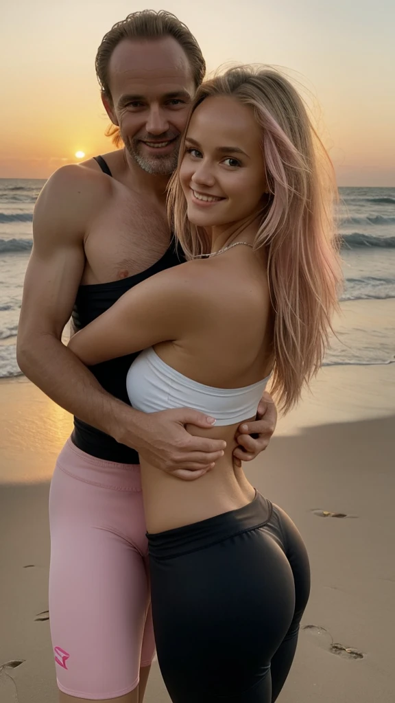 a girl, , tiny strapless top, short leggings, light pink clothes, perfect face, big buttock, tiny wasp, big breasts, long blonde hair, standing next to a tall, thin men, 49 years old, wide forehead, large black hair, hugged, sunrise background, sportswear, whole bodies, little smile,