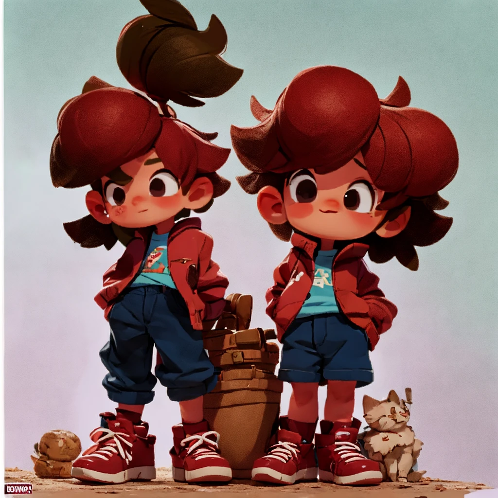 fluffly, , fluffly, cute, , boy, boy menino, perfect, bonitas, fluffly, A boy, maroon hair, , red jacket, shirt blue, Blue wide pants, Red sneakers, Grinning, fluffly, from sideways, standing, going, fully body, highy detailed, Cartoon.