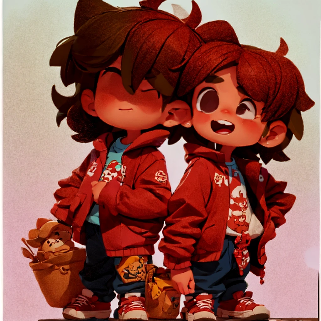 fluffly, 11 years old, fluffly, cute, , boy, boy menino, perfect, bonitas, fluffly, A boy, maroon hair, , red jacket, shirt blue, Blue wide pants, Red sneakers, Grinning, fluffly, from sideways, standing, going, fully body, highy detailed, Cartoon.
