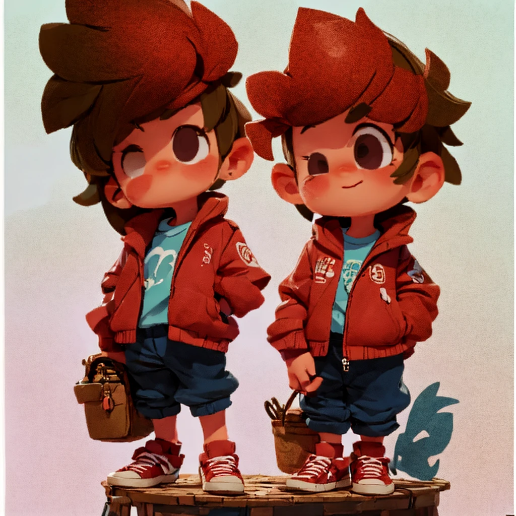 fluffly, , fluffly, cute, , boy, boy menino, perfonitas, fluffly, A boy, maroon hair, , red jacket, shirt blue, Blue wide pants, Red sneakers, Grinning, fluffly, from sideways, standing, going, fully body, highy detailed, Cartoon.