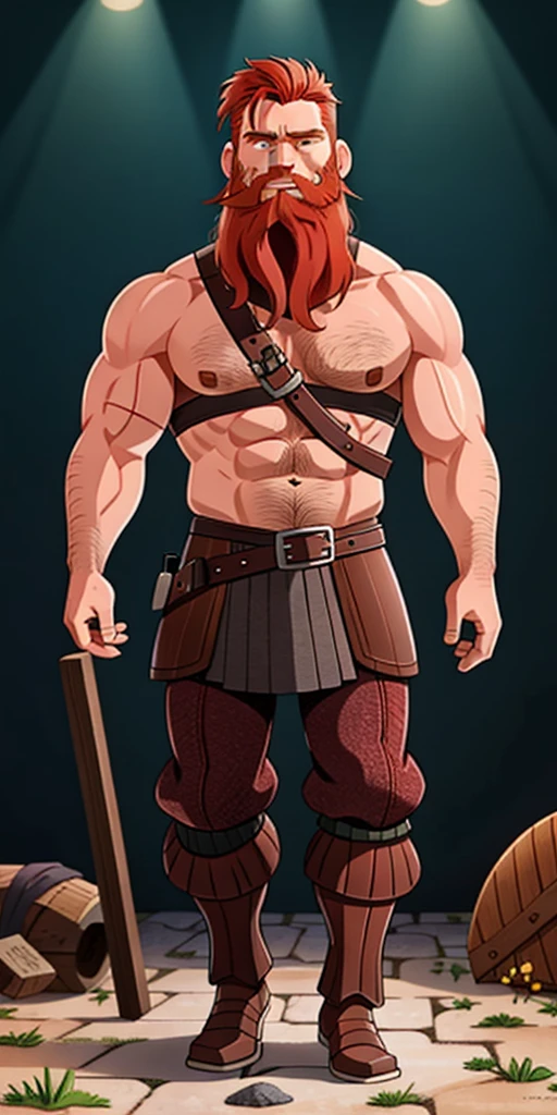 Ingólfr Einarr is a 40-year-old red-haired Viking man with a full beard, outgoing, muscular and very attractive, who wears his imposing medieval armor. hyper detailed and super realistic. cartoon style. Ingólfr Einarr is celebrating with a wooden jar of beer