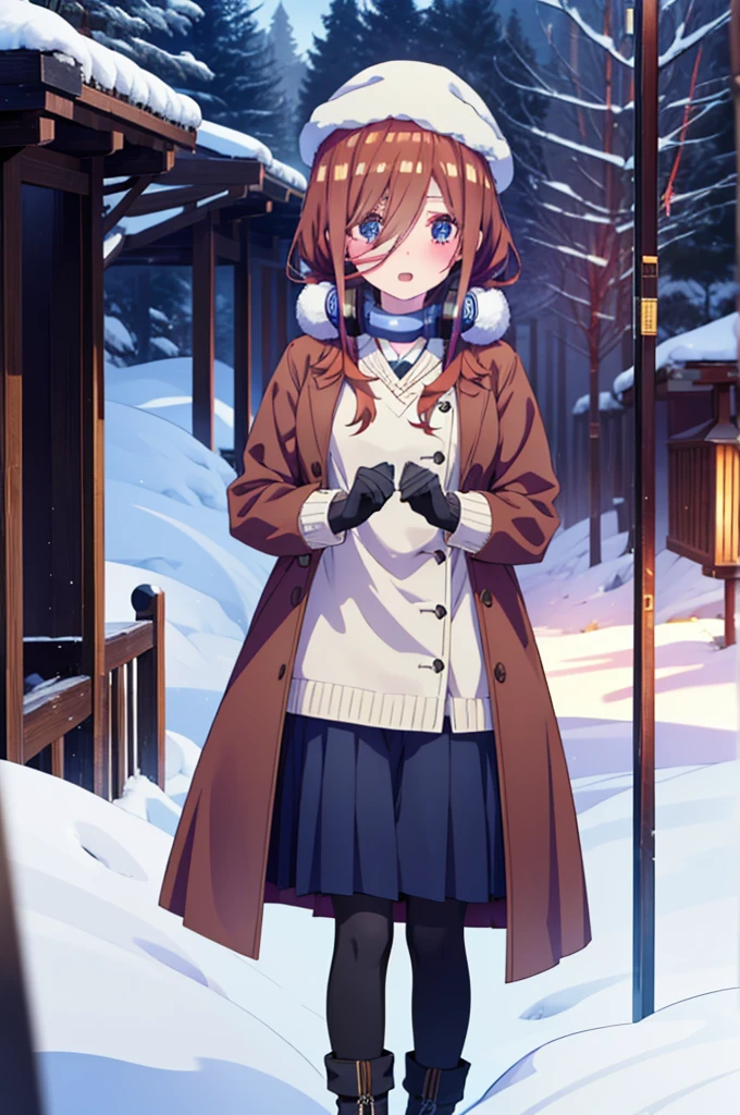 Mikunakano, miku nakano, Long Hair, bangs, blue eyes, Brown Hair, shirt, Hair between the eyes,blush, Open your mouth,White Breath,Scarf,Headphones around neck,Knitted hat,Blue long coat,V-neck sweater,Long skirt,Black pantyhose,short boots,Fluffy gloves,Standing leaning against a wall,Snow is piled up,It's snowing,whole bodyがイラスト入るように,Hidden in a building with a roof,
break outdoors, Building district,
break looking at viewer, whole body,
break (masterpiece:1.2), Highest quality, High resolution, unity 8k wallpaper, (figure:0.8), (Beautiful attention to detail:1.6), Highly detailed face, Perfect lighting, Highly detailed CG, (Perfect hands, Perfect Anatomy),