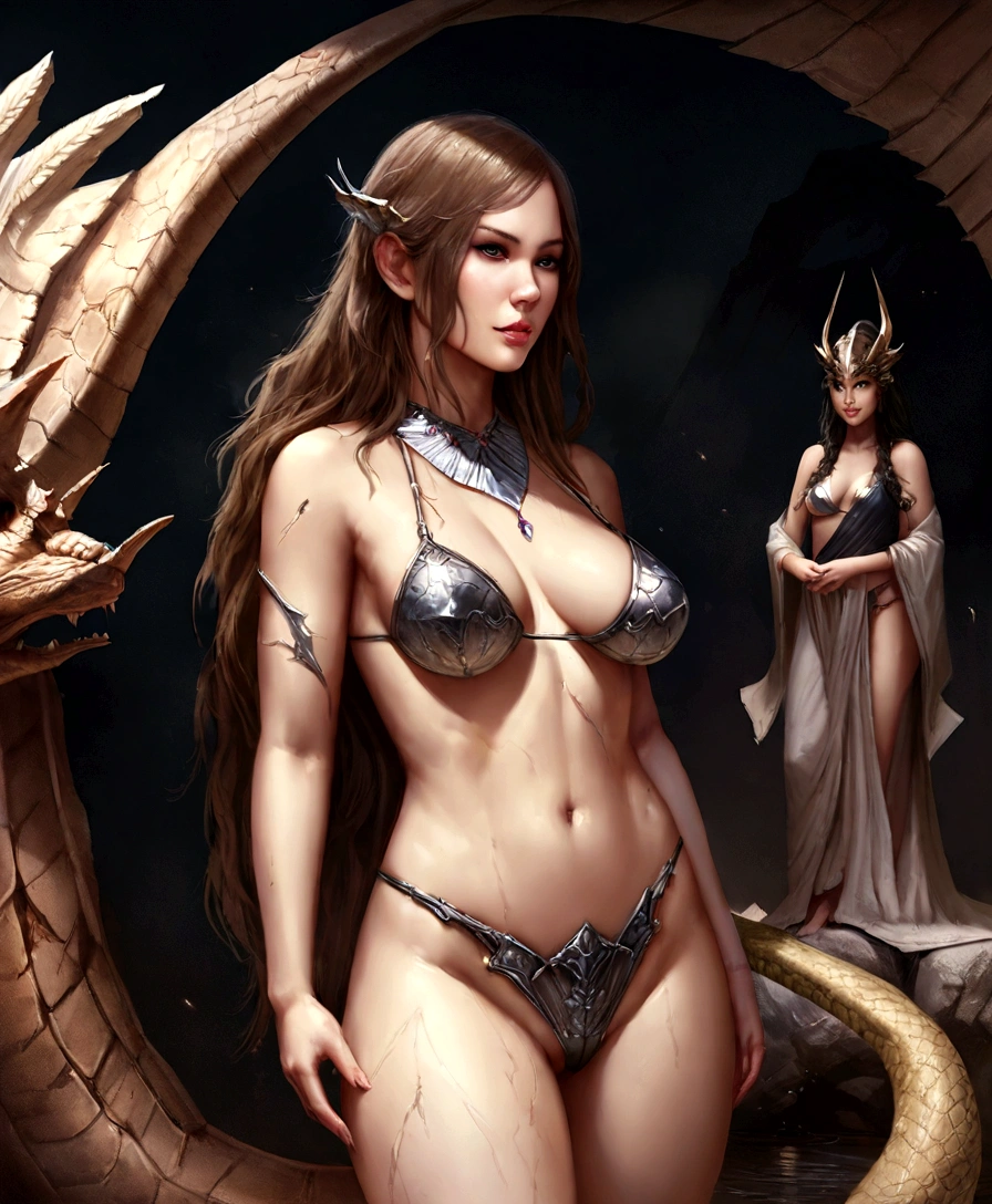 there is a woman naked standing next to a statue of a dragon, hot reptile humanoid woman, realistic fantasy illustration, hyperrealistic fantasy art, realistic fantasy render, broken armour, brokemarmor, realistic vagina, realistic fantasy artwork, deviantart artstation cgscosiety, rossdraws and boris vallejo, bikini-armor, beautiful digital artwork, fantasy woman,hairy vagina dripping water.