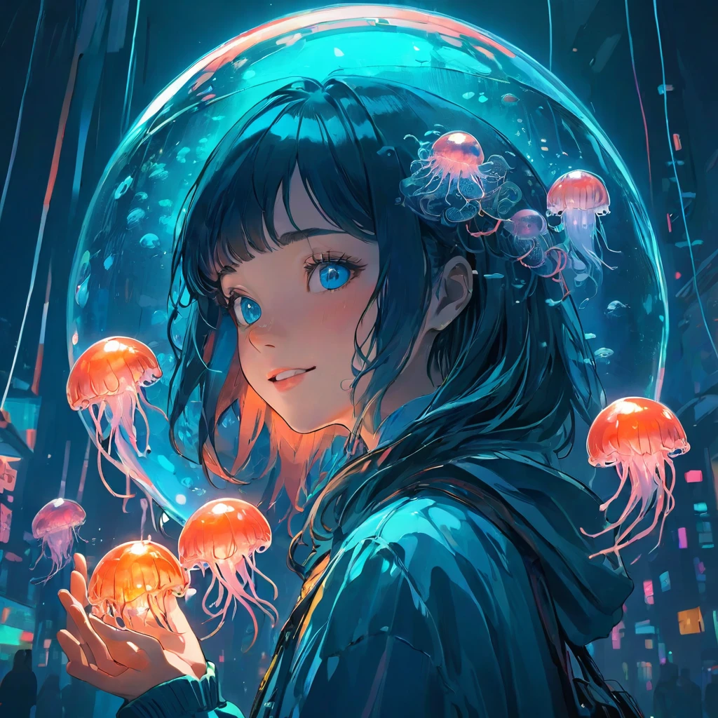 finely detailed illustration, vibrant color,High resolution、8k、pretty girl、One beautiful girl、fullbody to to the toe, happy smile、Perfect and detailed eye drawing、Highest quality、masterpiece、detailed eye and face, A person holding a glass ball with a jellyfish inside, Hologram by Beeple, Trending on CGSociety, magical realism, Cyberpunk Jellyfish, Cyberpunk Blue Lens Effect, Jellyfish Shrine Maiden, Digital Artレンダリング, Artem Demra Beeple, Spectacular concept art. Bokeh, Digital Art