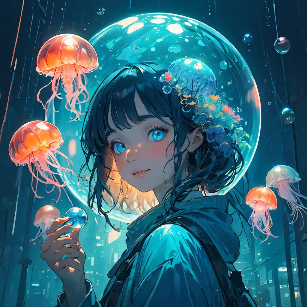 finely detailed illustration, vibrant color,High resolution、8k、pretty girl、One beautiful girl、fullbody to to the toe, happy smile、Perfect and detailed eye drawing、Highest quality、masterpiece、detailed eye and face, A person holding a glass ball with a jellyfish inside, Hologram by Beeple, Trending on CGSociety, magical realism, Cyberpunk Jellyfish, Cyberpunk Blue Lens Effect, Jellyfish Shrine Maiden, Digital Artレンダリング, Artem Demra Beeple, Spectacular concept art. Bokeh, Digital Art