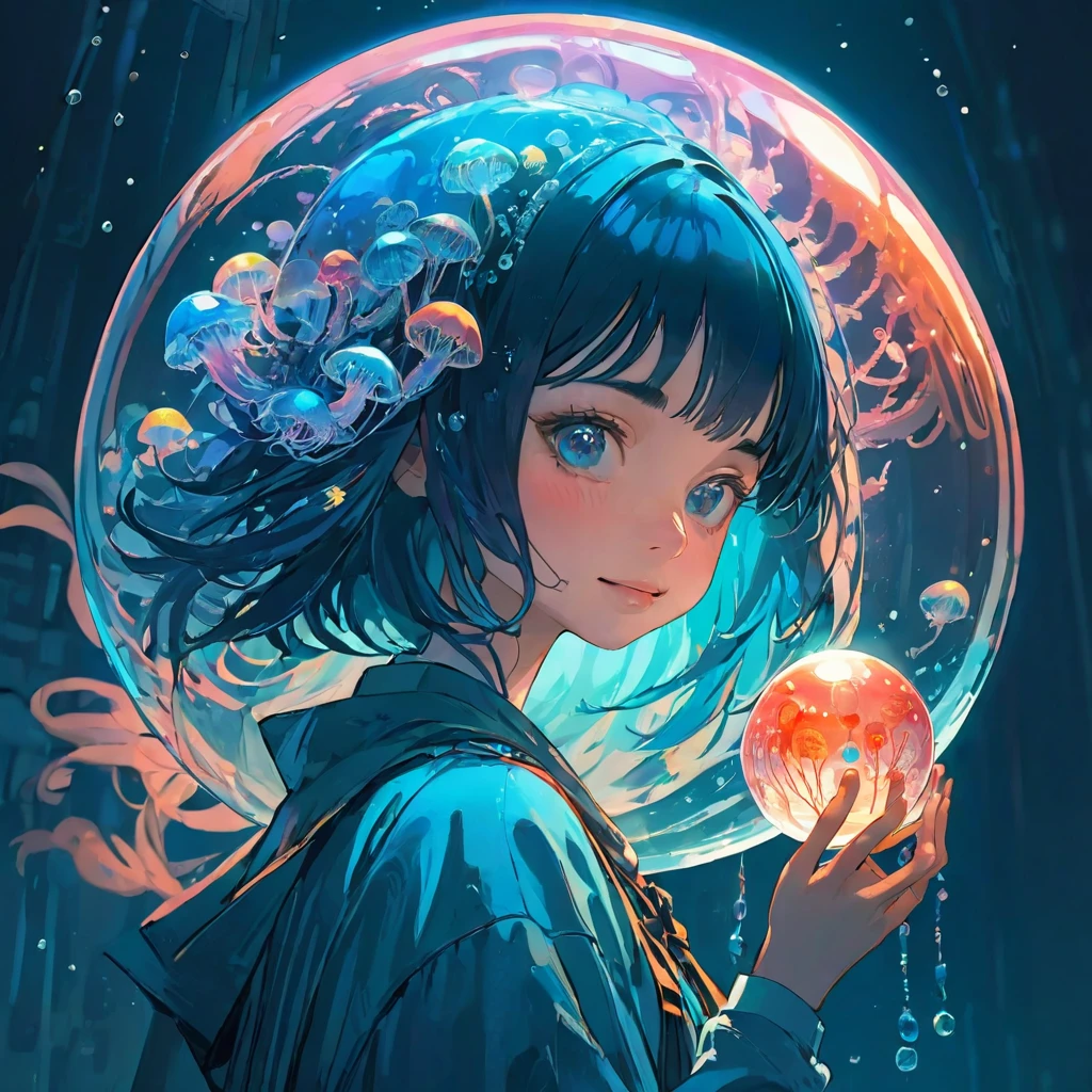 finely detailed illustration, vibrant color,High resolution、8k、pretty girl、One beautiful girl、fullbody to to the toe, happy smile、Perfect and detailed eye drawing、Highest quality、masterpiece、detailed eye and face, A person holding a glass ball with a jellyfish inside, Hologram by Beeple, Trending on CGSociety, magical realism, Cyberpunk Jellyfish, Cyberpunk Blue Lens Effect, Jellyfish Shrine Maiden, Digital Artレンダリング, Artem Demra Beeple, Spectacular concept art. Bokeh, Digital Art