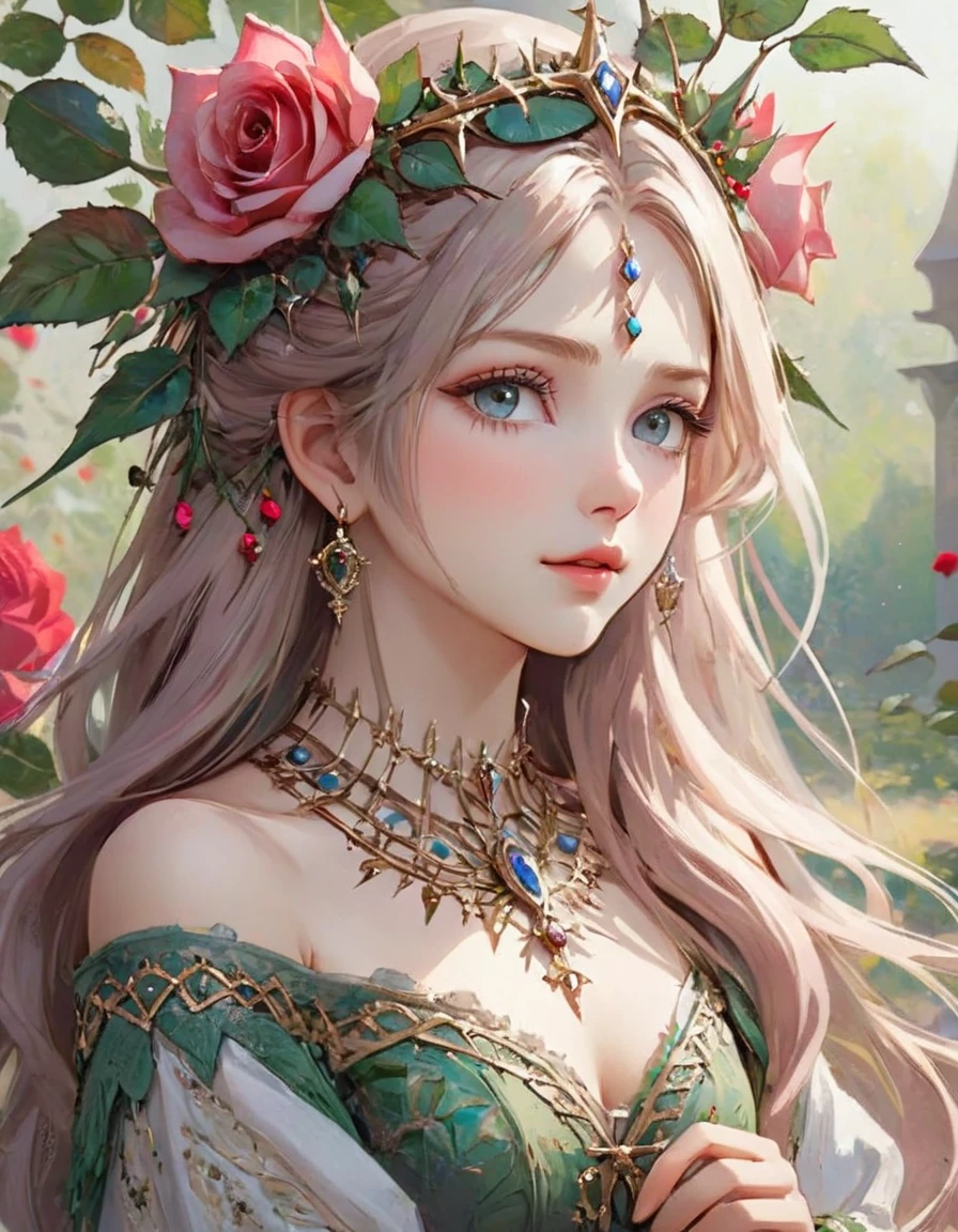 {({(rose themed:1.5)} beautiful girl, long hair, light colored eyes, delicate, calm demeanor, {beautifuly dressed with intricate thorn details}, ({watercolored styled} impressionist masterpiece:1.5), (best quality:1.5), ((UHD:1.5)), (detailed face, detailed eyes, detailed mouth, detailed body, detailed hands, detailed clothes, detailed background, detailed scenery:1.5), (aesthetic + beautiful + harmonic:1.5), ({symmetrical intricate thorns details + sharpen symmetrical thorns details}:1.5)