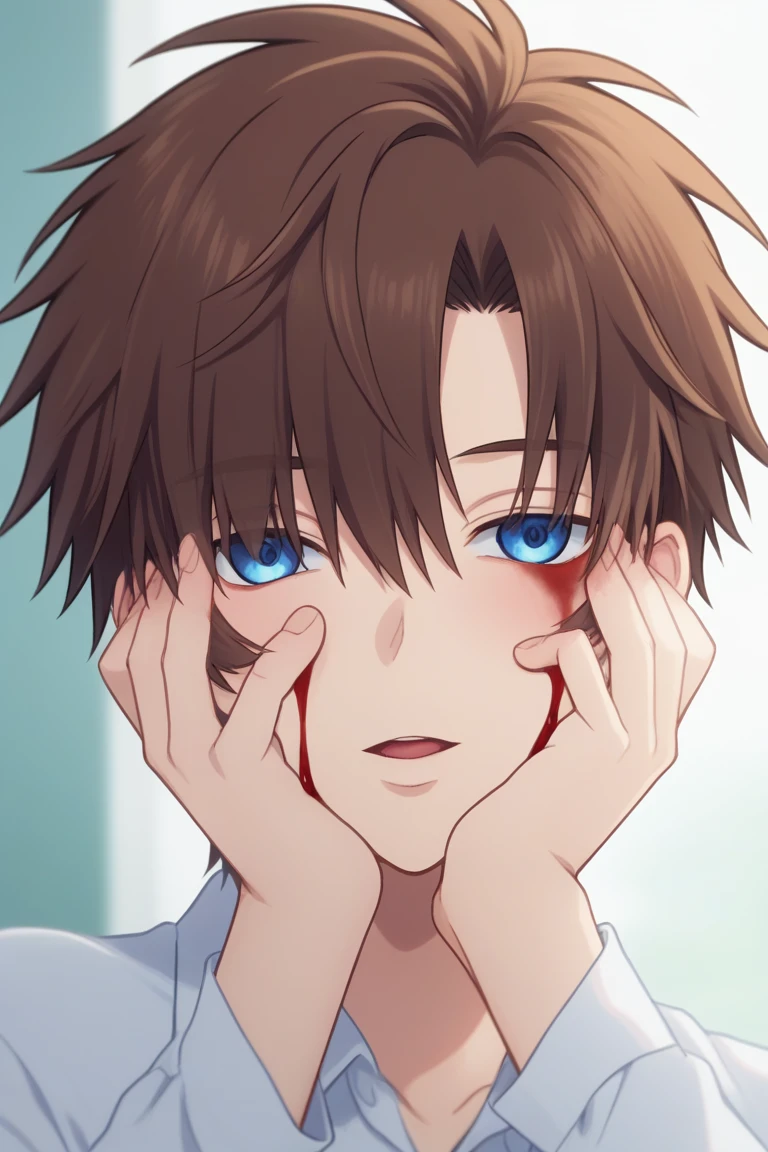 score_9, score_8_up, score_7_up, source_anime, rating_safe, intricate details, anime screencap, , official style, , , depth of field, 1boy, solo, male focus, kyoutarou_ichikawa, brown hair, blue eyes, short hair, hair over one eye, bangs, , alternate history, yandere, manic, blood on face