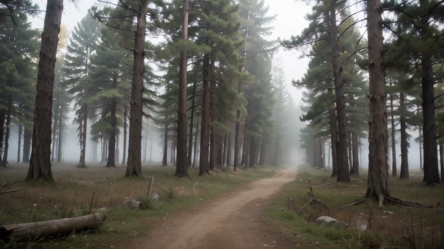 ((best quality)), ((masterpiece)), (detailed), pine woods, fog