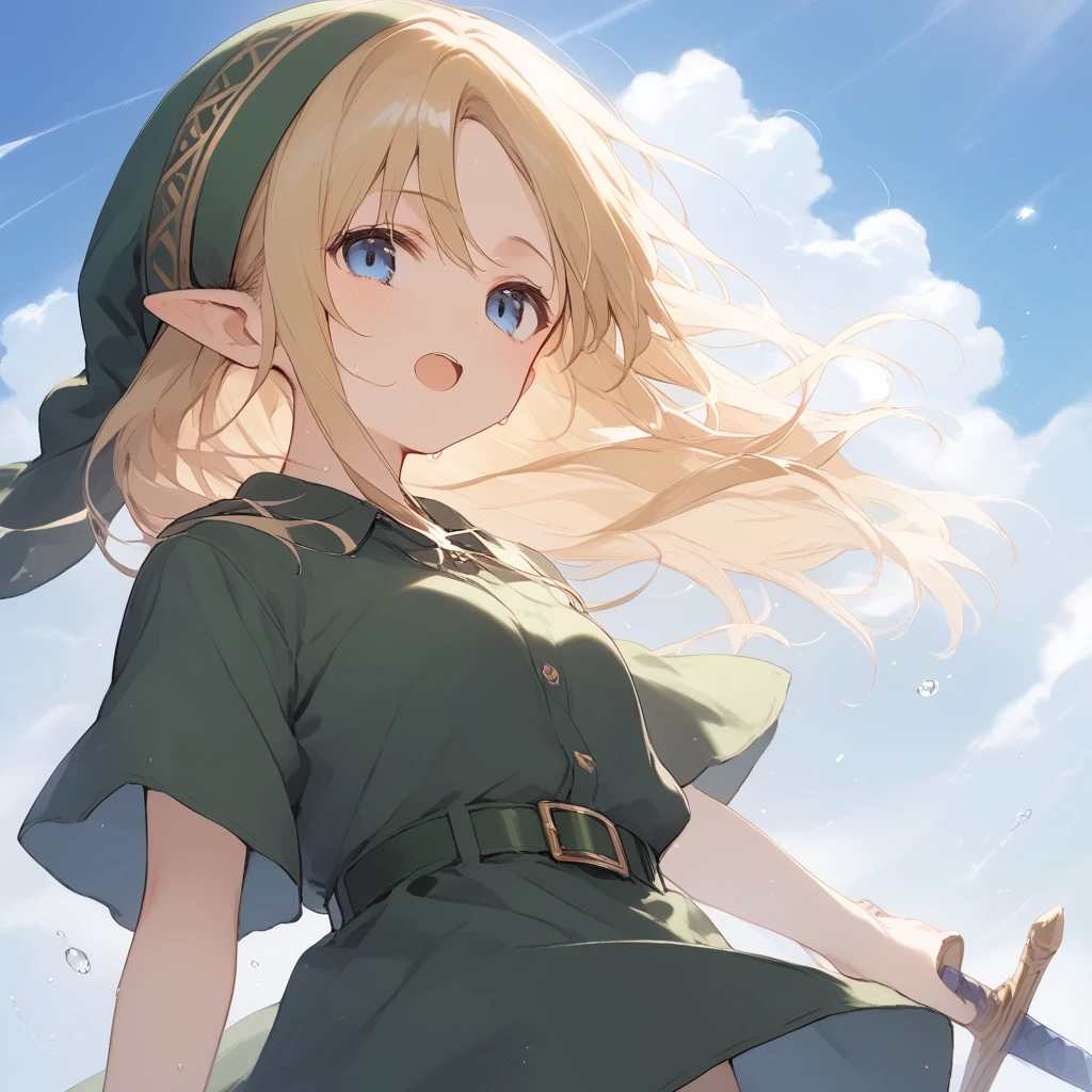 score_9, score_8_up, score_7_up, source_anime, best quality, masterpiece, official art, absurdres, highres, ultra-detailed,waifu2x,Collection: Slice of Life,break,1girl, YoungLink,13-year-old, small breasts, blonde hair, green tunic, pointy ears, hat, solo, blue eyes,green_headwear belt, sword, sweat, open mouth, sleepily, meadow, outdoors, wind,break,(clear line illustration:1.2), super detailed skin,very high resolution, very aesthetic, Best sexual lighting powered by famous artist, 8k,cute picture,beauty illustration,photoshop_(medium),,(Detailed Lighting),best anime 8k konachan wallpaper, pixiv contest winner, 