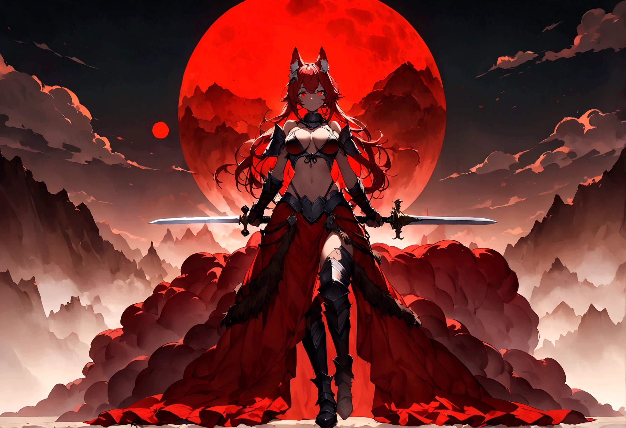 長い髪を持つbeautifulアニメ風の女性,(((Red Hair)))Long Wavy Hair,Transparent Hair,(((Highest quality)))Evil Eye,Frowning face,Extreme beauty,(((Red eyes))),Arrogant beauty,(((A well-defined, glamorous body)))((Huge bust))Tight waist,(((Bikini Armor)))黒色と赤色の際どいBikini Armorを着たExtreme beauty,(Animal bone ornament),Wolf ears and tail,((Medieval Armor)),((Modified armor with exposed chest)),Tan Skin,beautiful,(((swordsman pose))),(Legs spread and left hand on buttocks)),(((detailed)))Full Body Shot,scar,無数のscar,(((background)))fog,Red Moon,Countless mountains,Dark steppe。