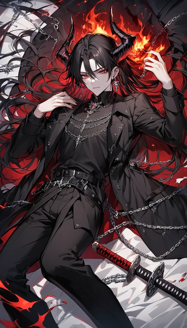 alone, good looking, 1 male, Long hair, Middle parted, Black hair, Red eyes, Black shirt, White Thailand, Black Trench Coat, Royal Silver Jewellery, Royal Demon Earrings, Black horns, Demon Crown, Demonic Katana, Chain, On Back, Demonic Black flames Aura, vtuber Character Design sheet