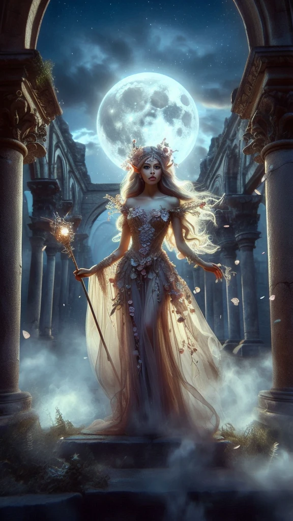 Full moon made for me; what reason falls the day? It's beauty, not often seen, when evening comes, and clouds line the way. In a dappled, ancient forest ruin, an Elf Princess stands tall, medium shot, full body shown, her scepter raised high, smoke atmospheric particles, sparkling flower and vine costume, ultra beautiful stern Forest Elfin Princess walking straight towards camera looking at the viewer with a penetrating loving gaze, very large eyes, ultra-high detail, perfect anatomical hands four fingers and a thumb, dynamic pose, forest background, covered in flowers and vines, Masterpiece, best quality, (zentangle, mandala, tangle, entangle), (fractal art:1.3) , 1girl, extremely detailed, lace, dynamic angle, thick oil on canvas art style, in the style of Rembrandt,