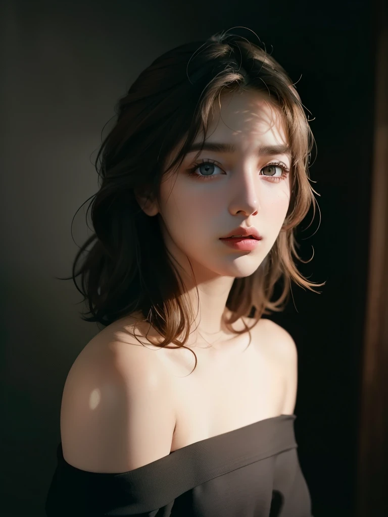 best qualityer, work of art, ultra high resolution, (photorrealistic:1.5), CRU photo, 1 girl, Off The Shoulder, in dark, deep shadow, subtle, cool light, look sexy, shorth hair