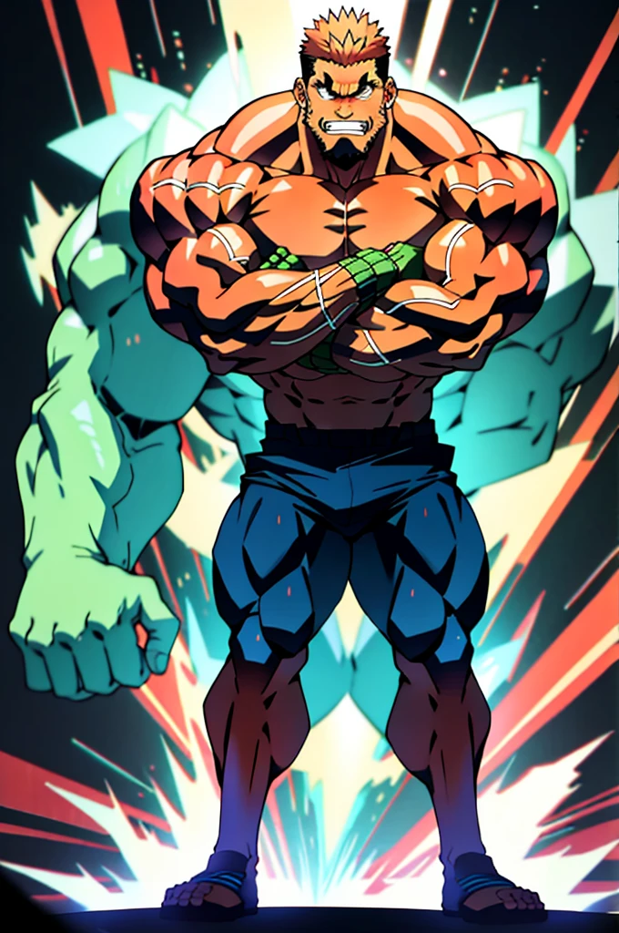 Generate anime-style artwork featuring a full-body frontal view of a highly muscular humanoid monster. The monster has a bodybuilder&#39;s physique and its entire body is dark blue. He has a bald, hairless head, with a menacing expression and dark, glowing eyes.. The monster has smooth skin. Has an extremely intimidating presence as a villainous protagonist. It&#39;s a humanoid creature , entirely blue, and the image must show your entire body in a frontal pose.