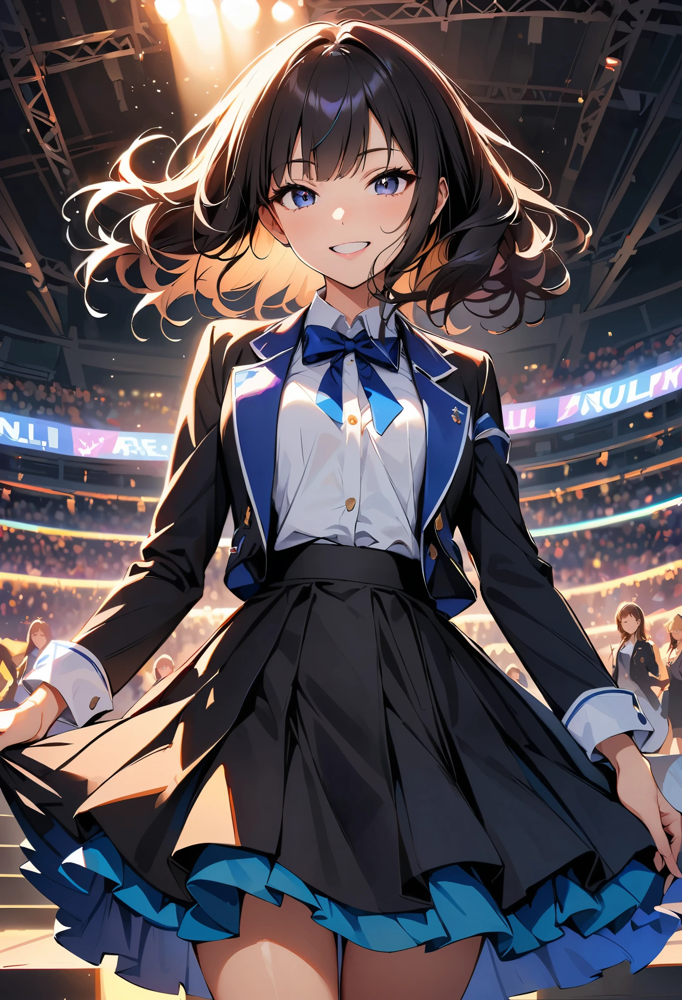 Iris, woman1名, (woman)), alone, Genuine, Highest quality, photoGenuineistic, masterpiece, 8K, High Definition, alone, HDTV Face, Soft lighting, stage, ((Daytime)), null, (looking at the camera), (Portraiture: 0.6), whole body, (Medium Hair), Twin tails:1.1, Black Hair, Floating Hair, lips, lipstick, seductive smile, Floating Hair, smile, Open your mouth, teeth, eyelash, Nogizaka46, Idol, beautiful girl, ((Idolユニフォーム)), (((Are standing))