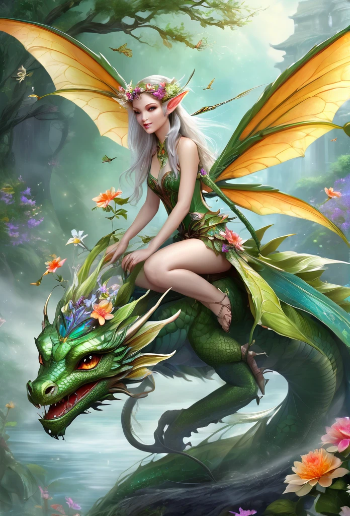 faerie,(full body),elf ears,dragonfly wings, ,hair decorated with flowers, Branches and Leaves, she's ridin on a beautiful dragon,around a scene of magic,,a bit of mist(high qualiy),(refined details),(work of art)