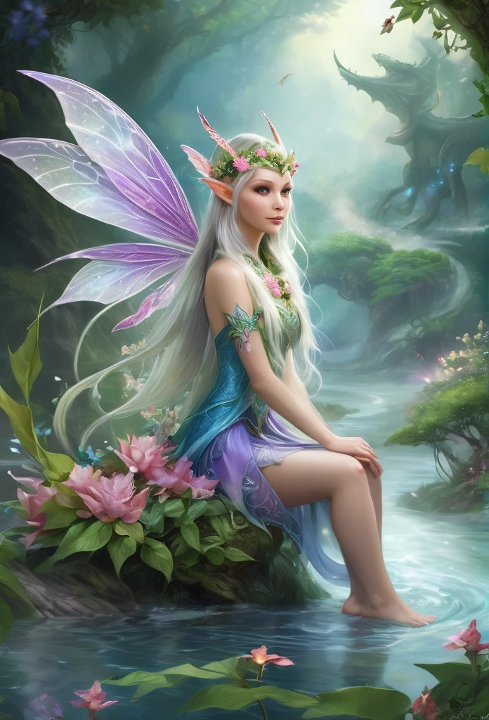 faerie,(full body),elf ears,dragonfly wings, ,hair decorated with flowers, Branches and Leaves, she's ridin on a beautiful dragon,around a scene of magic,,a bit of mist(high qualiy),(refined details),(work of art)