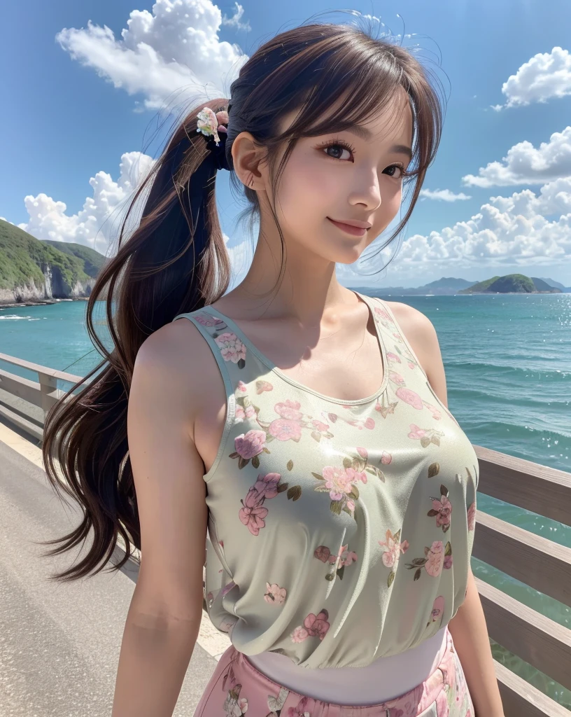 (Highest quality, 32k, High resolution, Masterpiece:1.5, ), marimo_jet, god々A photograph with brilliant dazzling and healing power., Evoking a sense of calm and elusive beauty, Expressing emotions, Have a rich imagination, The road to the horizon, Nostalgic scenery of youth, Beautiful Japanese Girls, An exceptionally beautiful face, Small Face Beauty, Perfect Human Anatomy, Magical big eyes, Motherhood and generosity, Deep Love, fleeting smile, ((Shiny brown hair:1.1)), ((A beautiful ponytail swaying in the wind)), Asymmetrical bangs, Hair between the eyes, Transparent, soft white skin, Sharp eyebrows, Thin lashes, Natural Makeup, Cheek highlighter, Pale pink detailed lips, (White floral tank top:1.4), High resolutionの美しい太もも, Beautiful legs, ((Walking the coastal highway:1.2)), ((The road to the horizon路)), Beautifully detailed skies, ((Shining in the morning sunlight)), Professional photographer, Professional Lighting, Professional models, god秘的