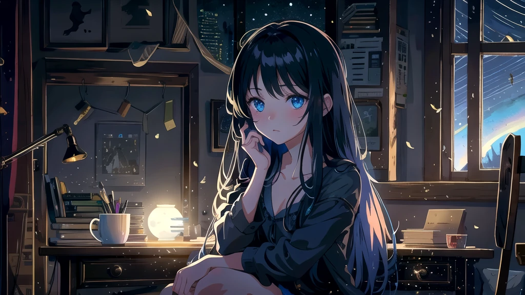 Create an illustration of a girl with black hair and blue eyes, sitting in a chair in front of a desk, Sentimental, Introspective look。, The moonlight gently shines into the room, Gently illuminate the space, Curtains sway in the wind, Increase tranquility, Dark mood, Emphasise the theme of loneliness, silence, And the depths of night, The room is dark、dimly lit by the moonlight