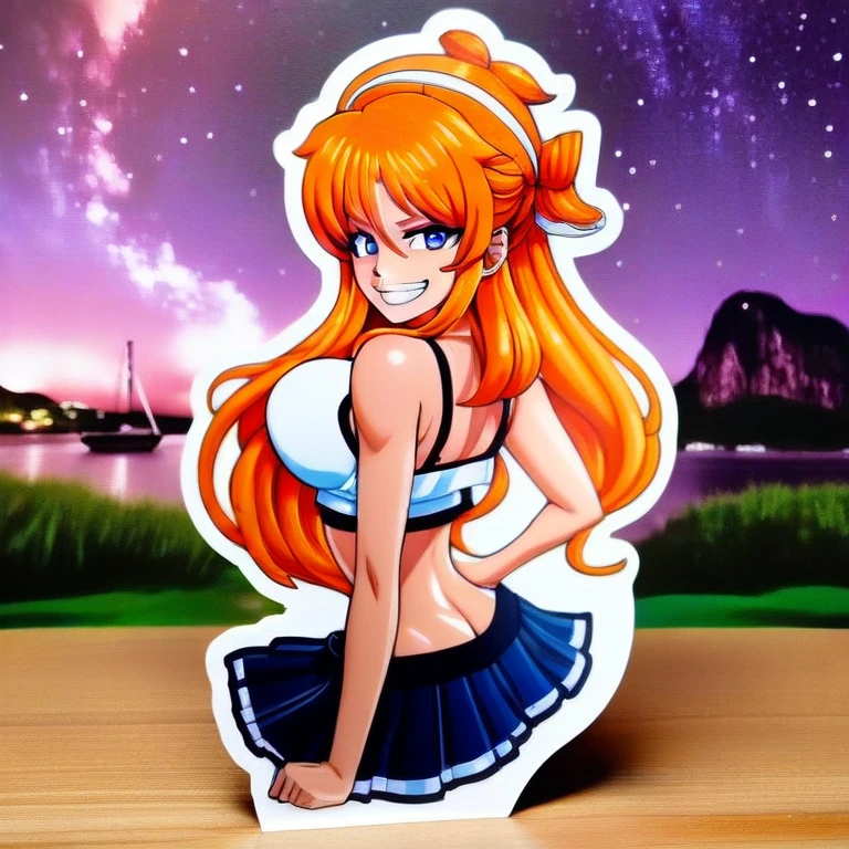 Character Stickers,STICKER, (solid outline:1.3), (NSFW:1.2), A detailed illustration of a vivid Sexy Nami from One Piece kneeling down, Nami with big breasts, see thru white top, nipples see thru, bare breasts, thin acrylic board, Nami character goods, Flat figure, 3D image, Sample images on product page, Acrylic stand and Acrylic base, acrylic panel, acrylic board, cowboy shot, full body portrait, Nami full body portrait ,orange long hair, shear camisole and mini-skirt type sailor uniform, Smile, summer clothes, Crazy cute, kneeling down, Stars shine in eyes,